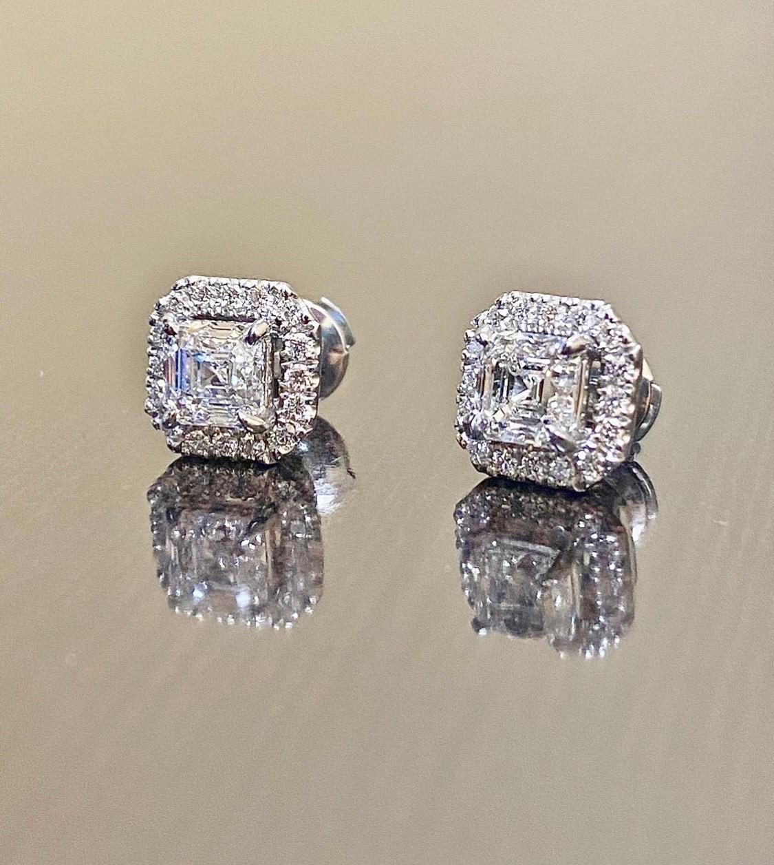 Halo Platinum GIA Certified 2.22 Carat F Color Asscher Cut Diamond Earrings For Sale 3
