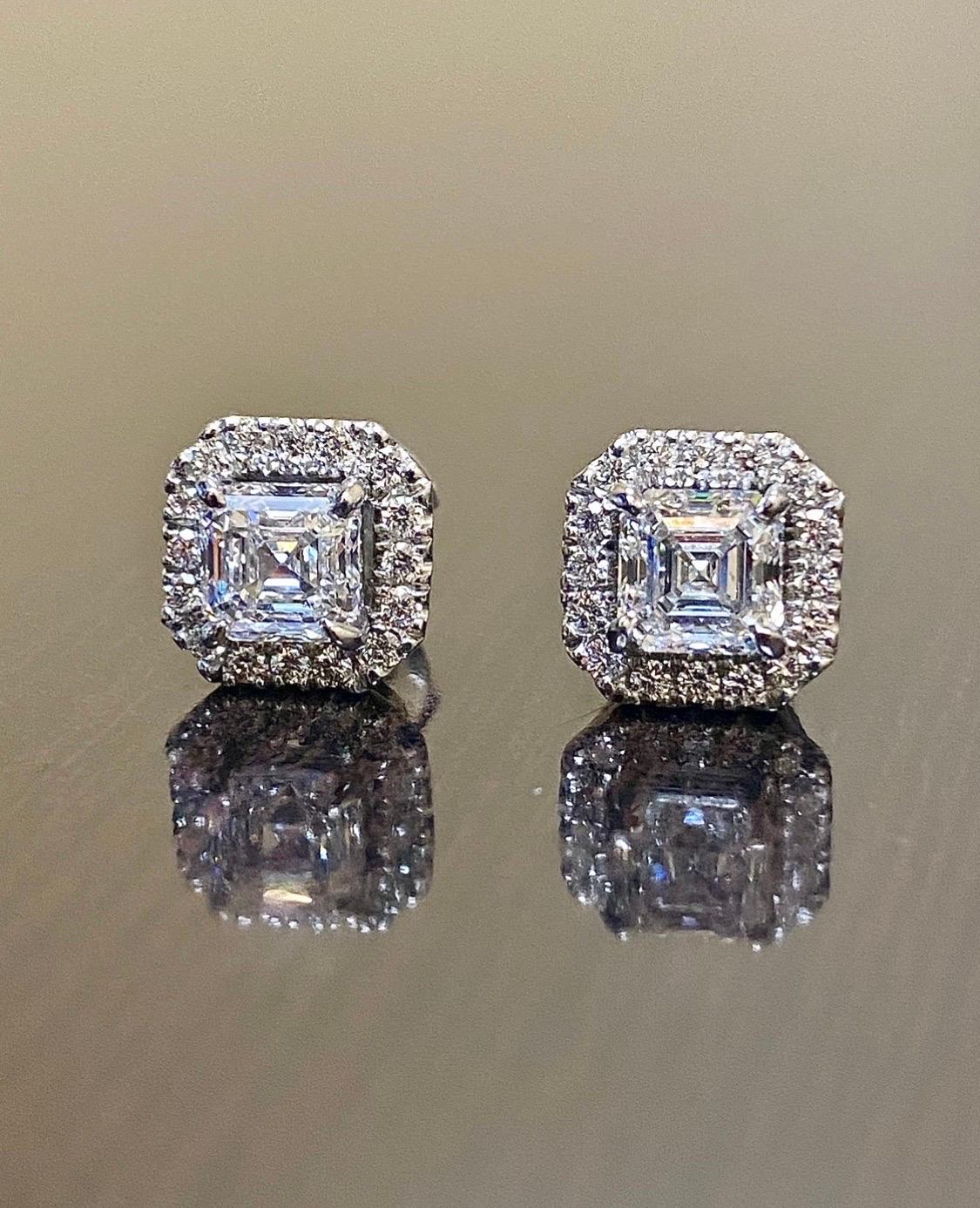 Halo Platinum GIA Certified 2.22 Carat F Color Asscher Cut Diamond Earrings For Sale 4
