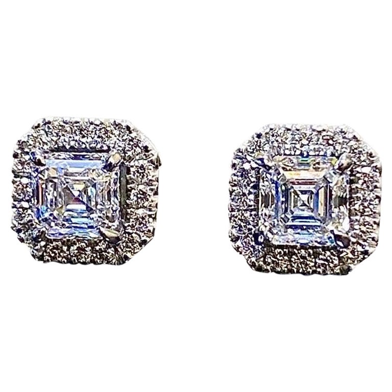 Halo Platinum GIA Certified 2.22 Carat F Color Asscher Cut Diamond Earrings For Sale