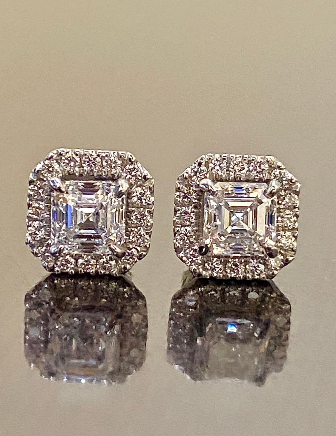 DeKara Designs Collection

Metal- 90% Platinum, 10% Iridium.

Stones- 2 GIA Certified Asscher Cut Diamonds D Color VVS1 Clarity 1.01 Carats and E Color VS1 Clarity 1.01 Carats, 32 Round Diamonds F-G Color VS2-SI1 Clarity, 0.40 Carats.

1.01 D VVS1