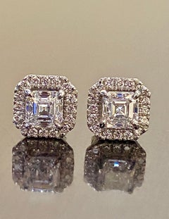 Halo Platinum GIA Certified 2.42 Carat D & E Color Asscher Cut Diamond Earrings