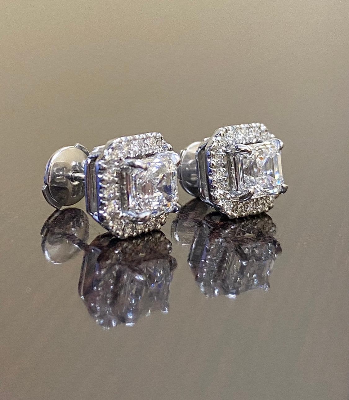 Modern Halo Platinum GIA Certified 2.42 Carat D & E Color Asscher Cut Diamond Earrings For Sale