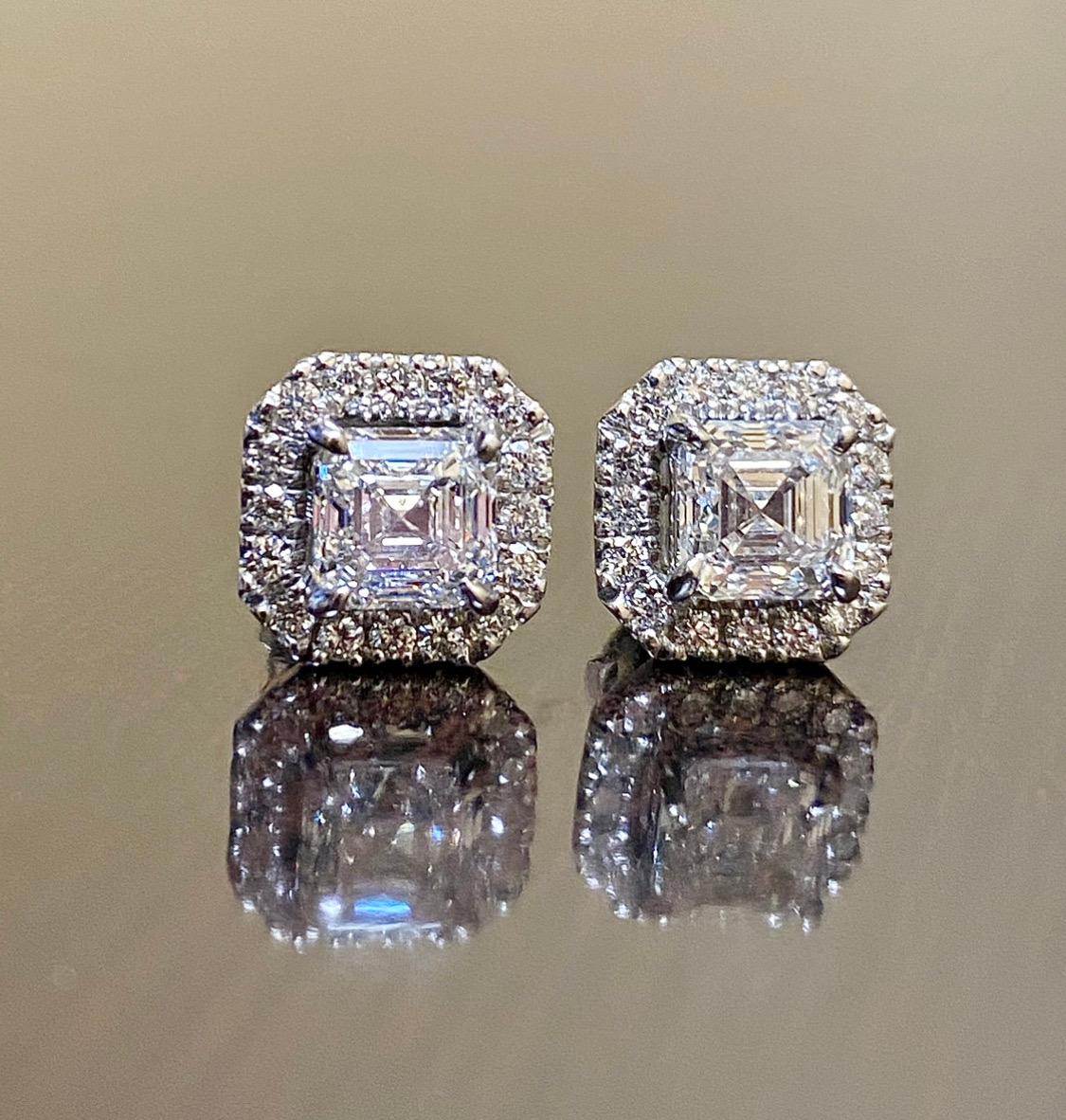 Halo Platinum GIA Certified 2.42 Carat D & E Color Asscher Cut Diamond Earrings In New Condition For Sale In Los Angeles, CA