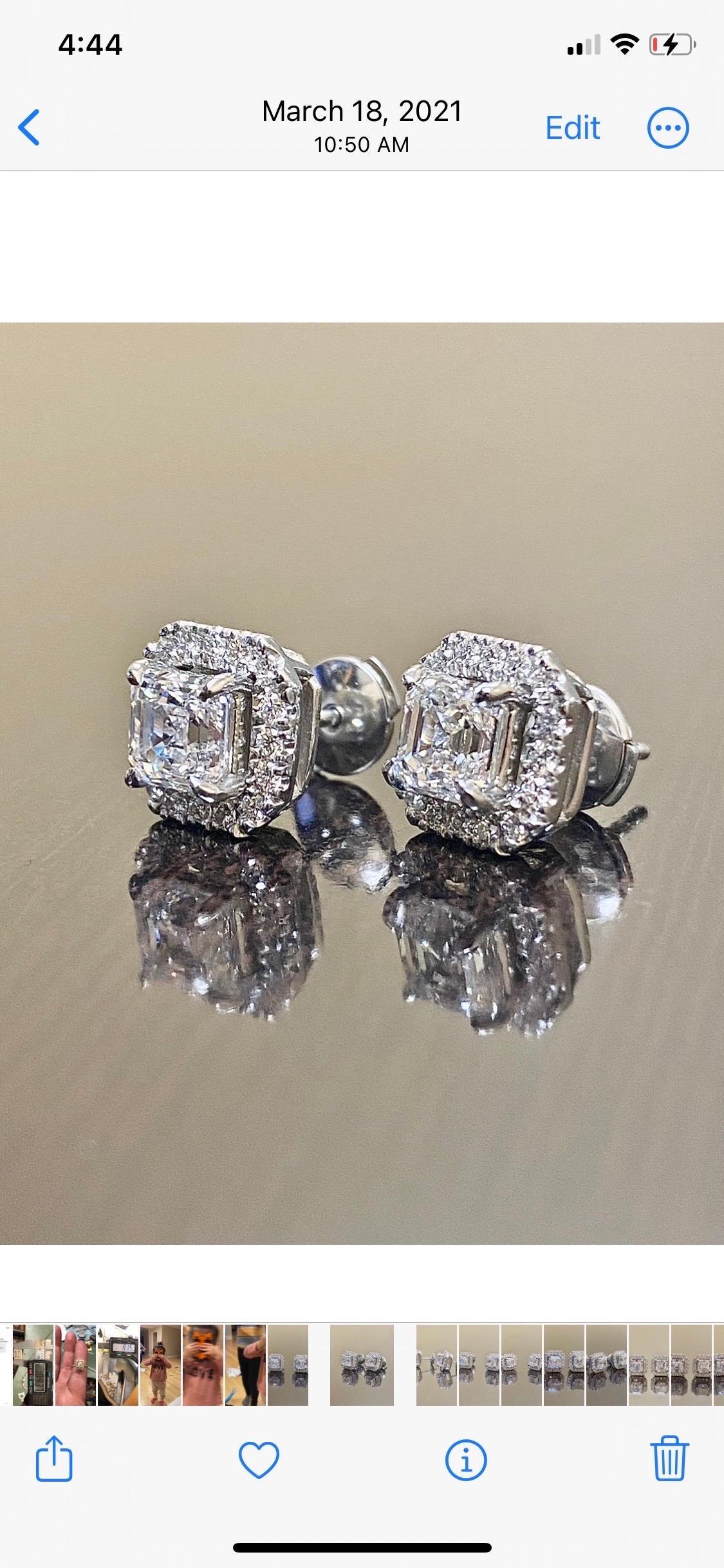 Halo Platinum GIA Certified 2.42 Carat D & E Color Asscher Cut Diamond Earrings For Sale 2