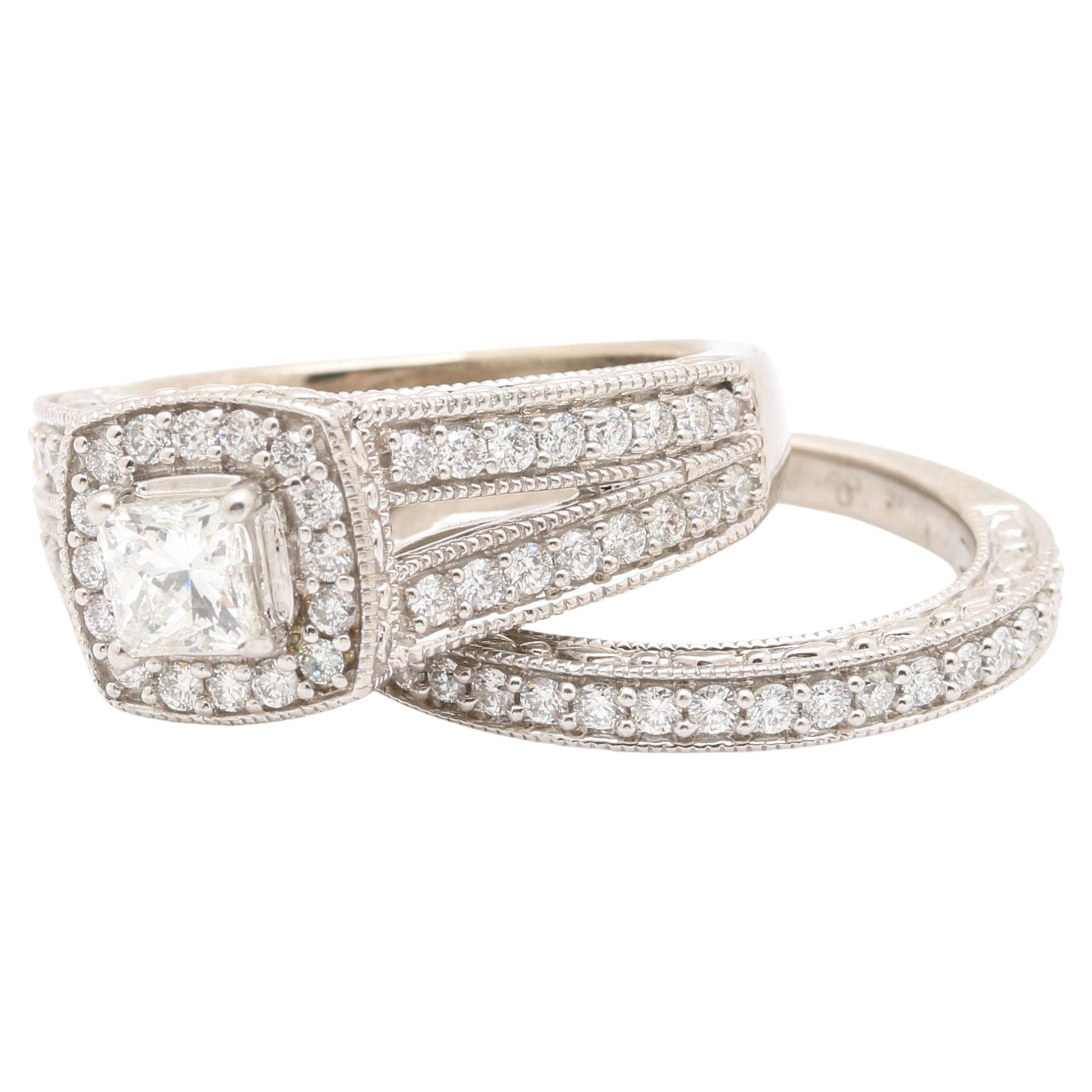 Halo Princess Cut Moisanite Engagement Ring Set, Diamonds Ring Set