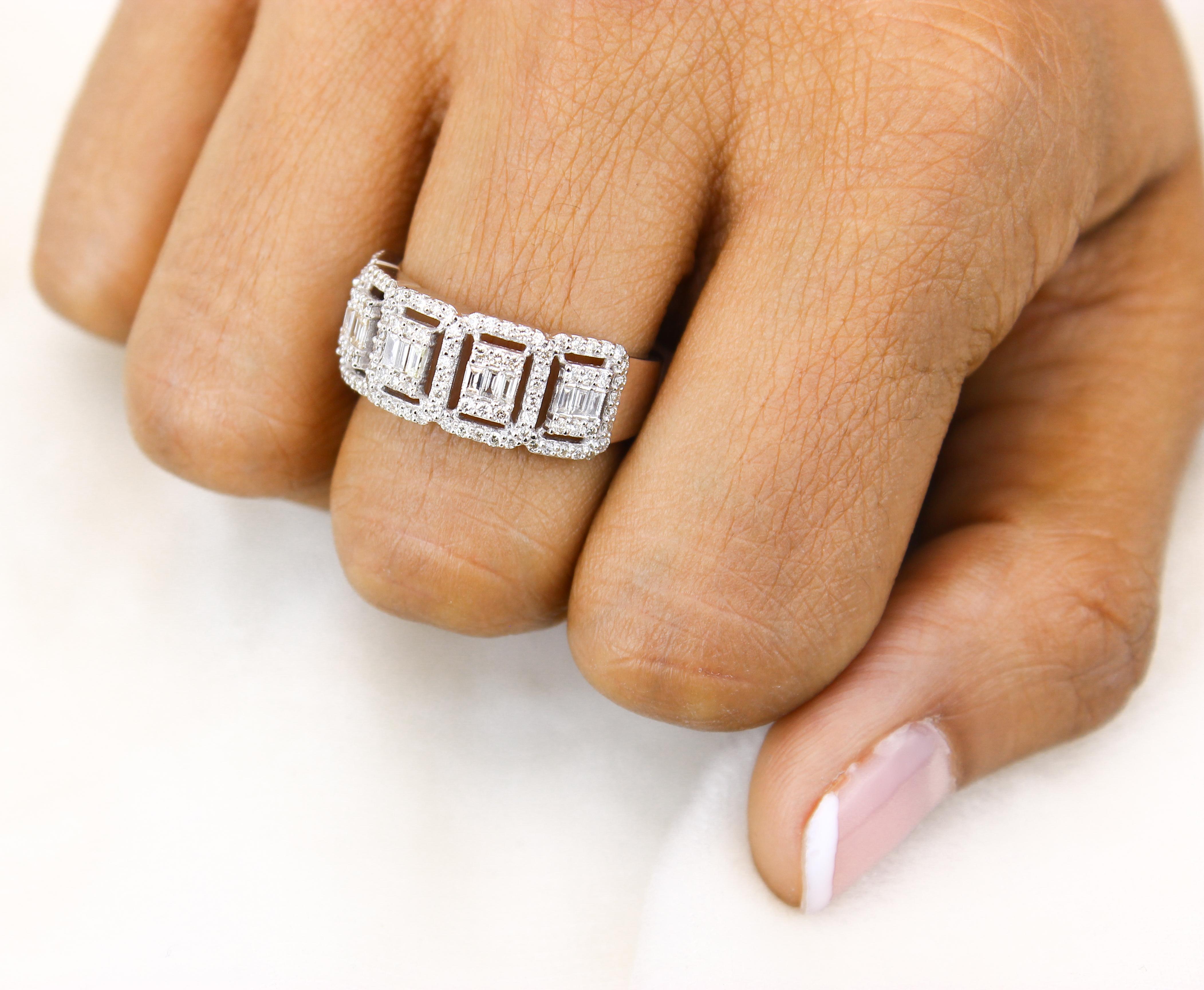 Art Deco Halo Rectangular Diamond Ring in 14k Solid Gold (Certified) For Sale
