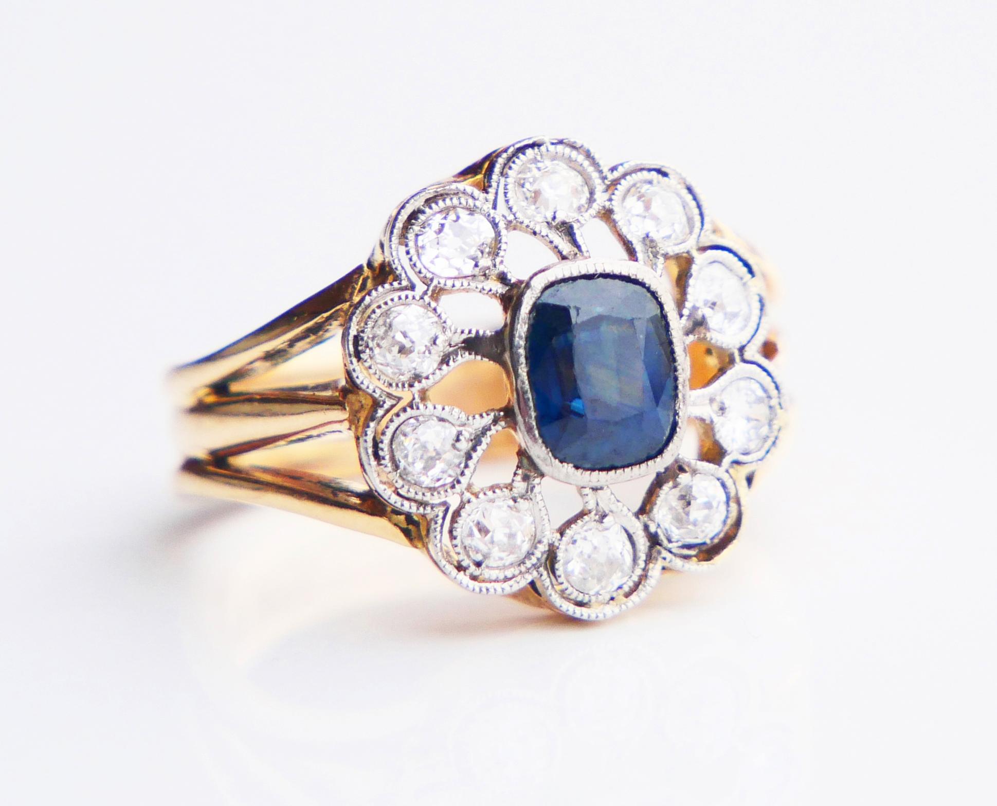 Art Deco Halo Ring 1.25ct Bi-color Sapphire 0.8ctw Diamonds 18K Platinum Ø4.5US / 5.3gr For Sale