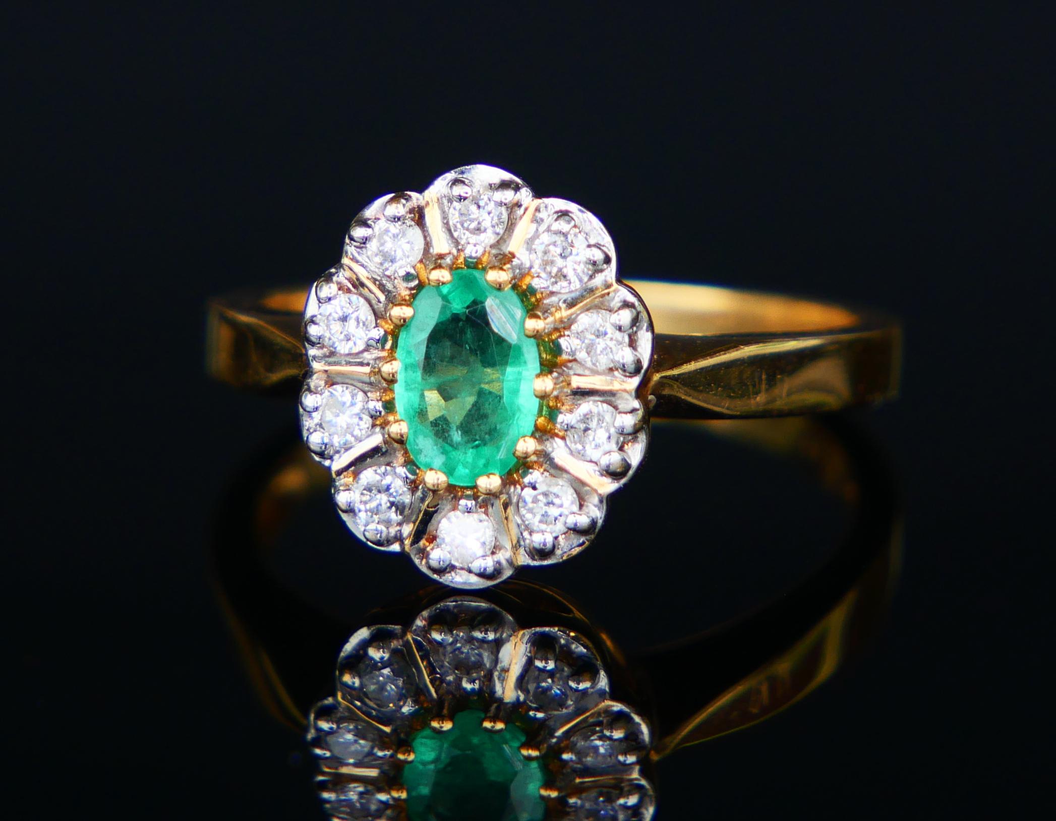 Old European Cut Halo Ring natural Emerald Diamonds solid 18K Gold Ø US6.75/ 3.7gr For Sale