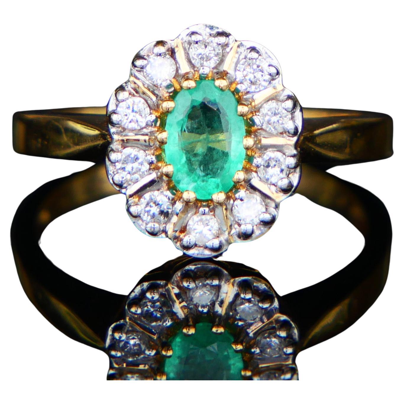 Anillo Halo Esmeralda natural Diamantes macizos Oro 18K Ø US6.75/ 3.7gr