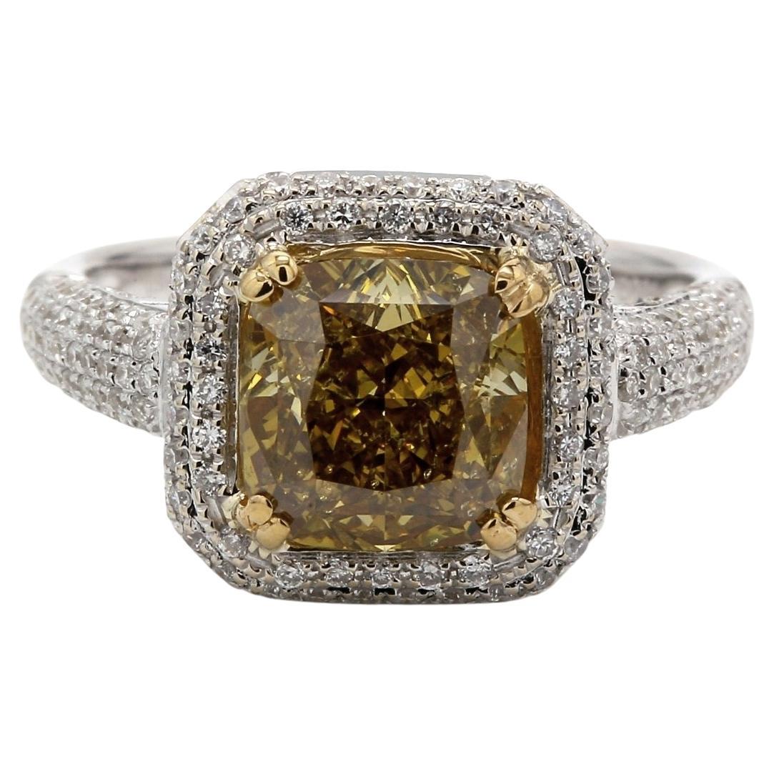 Halo Ring w/ GIA Certified FDBY/SI2 Cushion Cut Diamond Center.  D3.59ct.t.w. For Sale