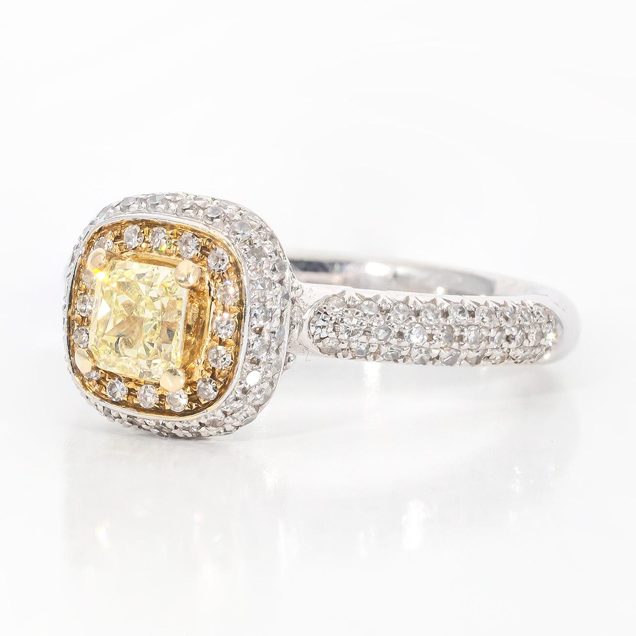 Halo Ring w/ Fancy Yellow 0.52ct. Cushion Diamond Center.  D0.99ct.t.w. For Sale 1