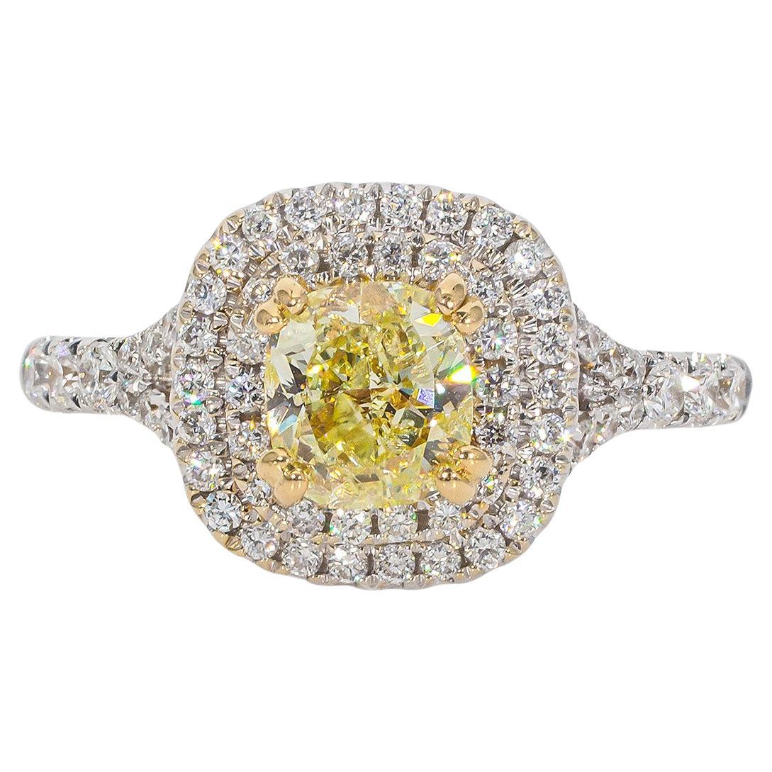 Halo Ring with Fancy Yellow Cushion Cut Diamond Center.  D1.49ct.t.w.