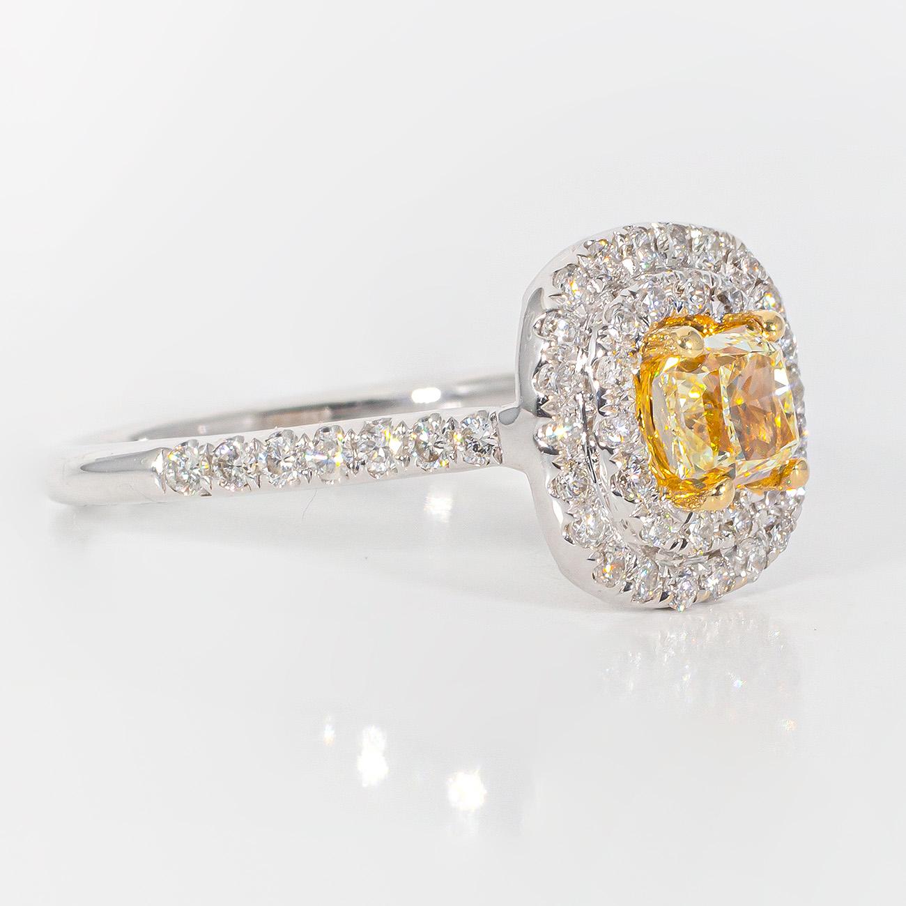 Halo-Ring aus 18 Karat Weißgold mit rundem Pflasterstein und gelbem, strahlendem Diamant in der Mitte.  D1.08ct.t.w.  (Zentrum - 0,63ct.)