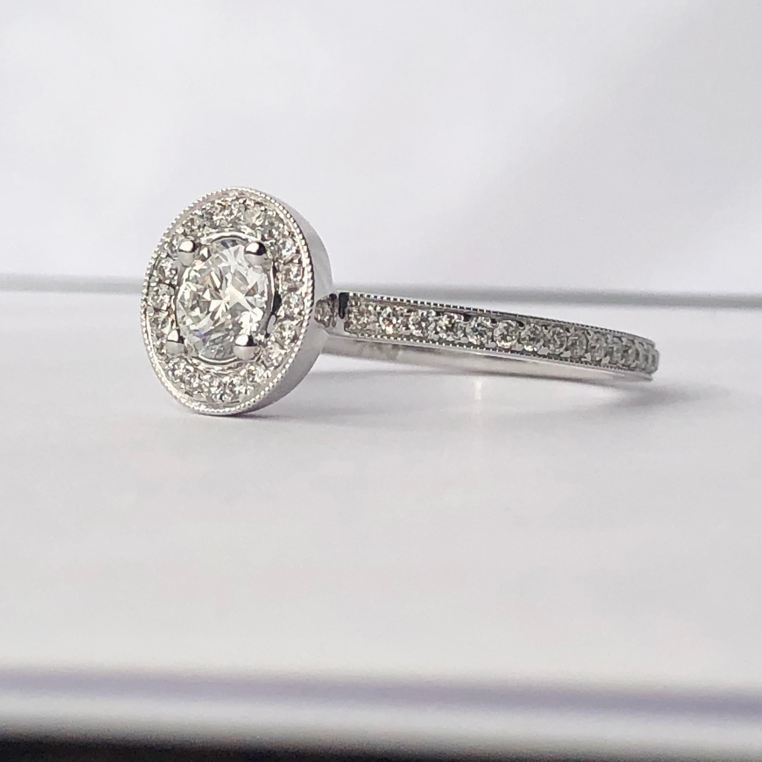 Halo Round Brilliant Cut Diamond Engagement 18k White Gold .90ct TW Ring For Sale 2
