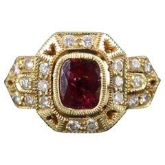 Anello di fidanzamento Halo con rubino e diamante, anello di fidanzamento con diamante vintage in oro 18 carati