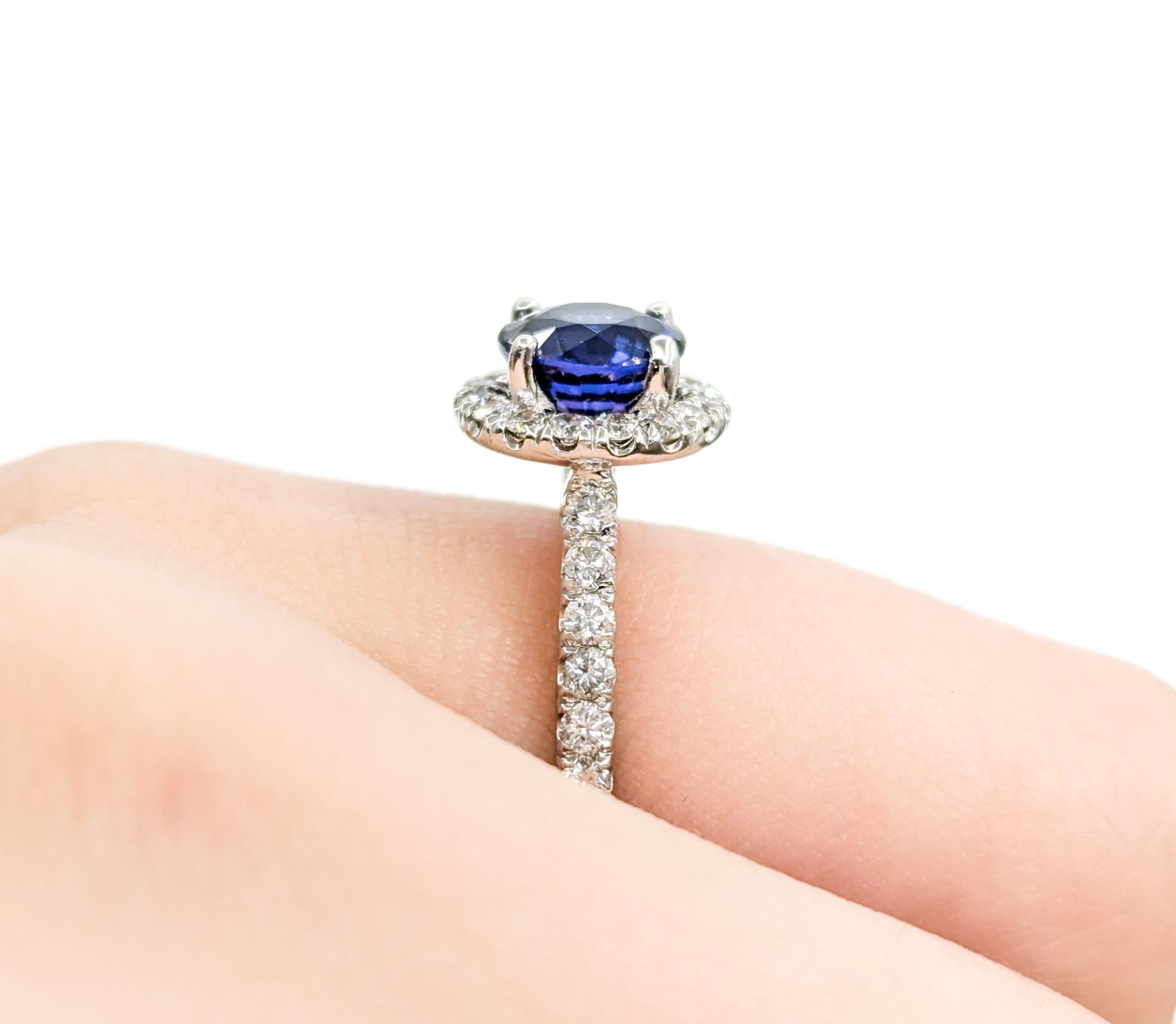 Halo Sapphire and Diamond Ring by Gabriel & Co. in White Gold In Excellent Condition In Bloomington, MN