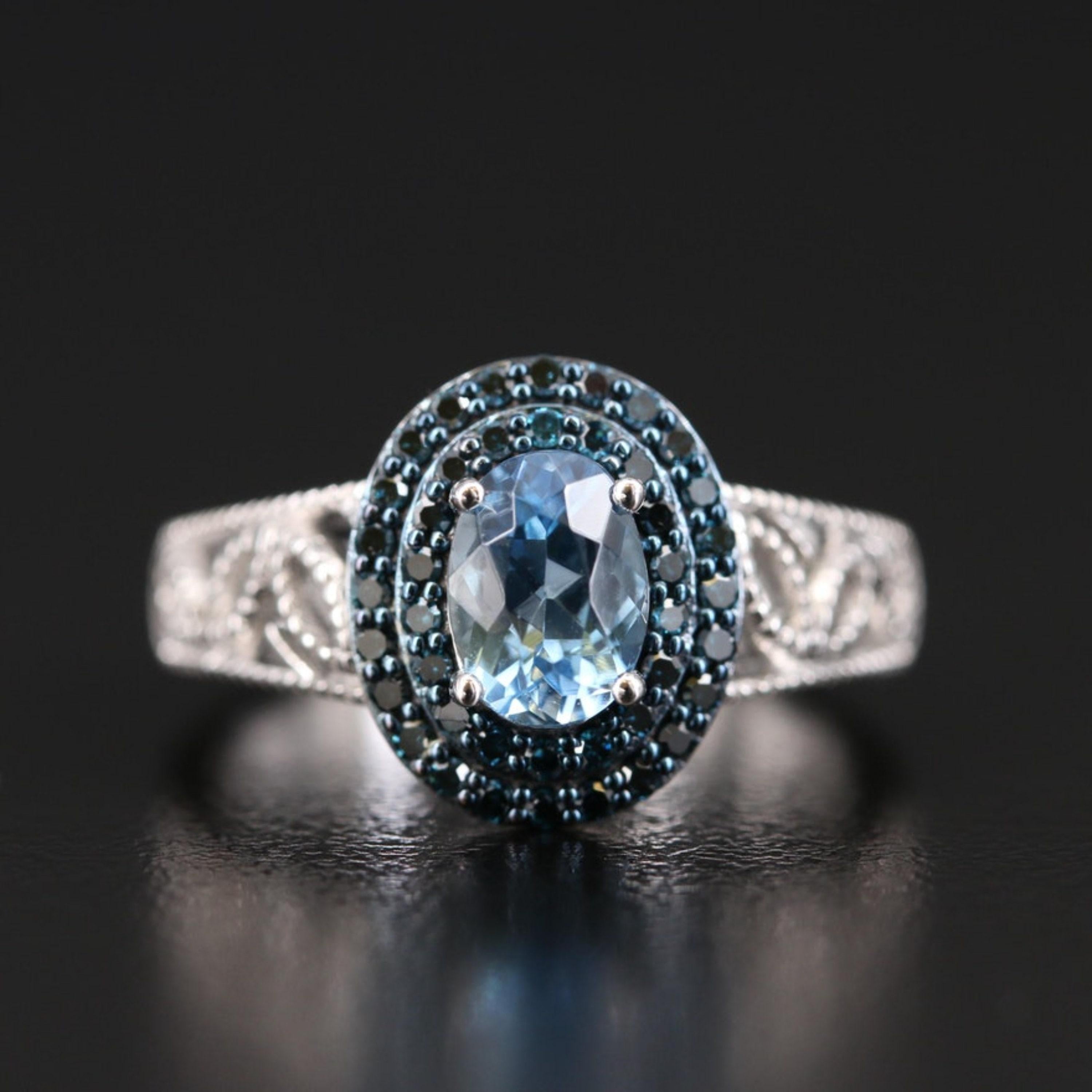 For Sale:  Natural Blue Aquamarine Diamond White Gold Engagement Ring Diamond Cocktail Ring 2