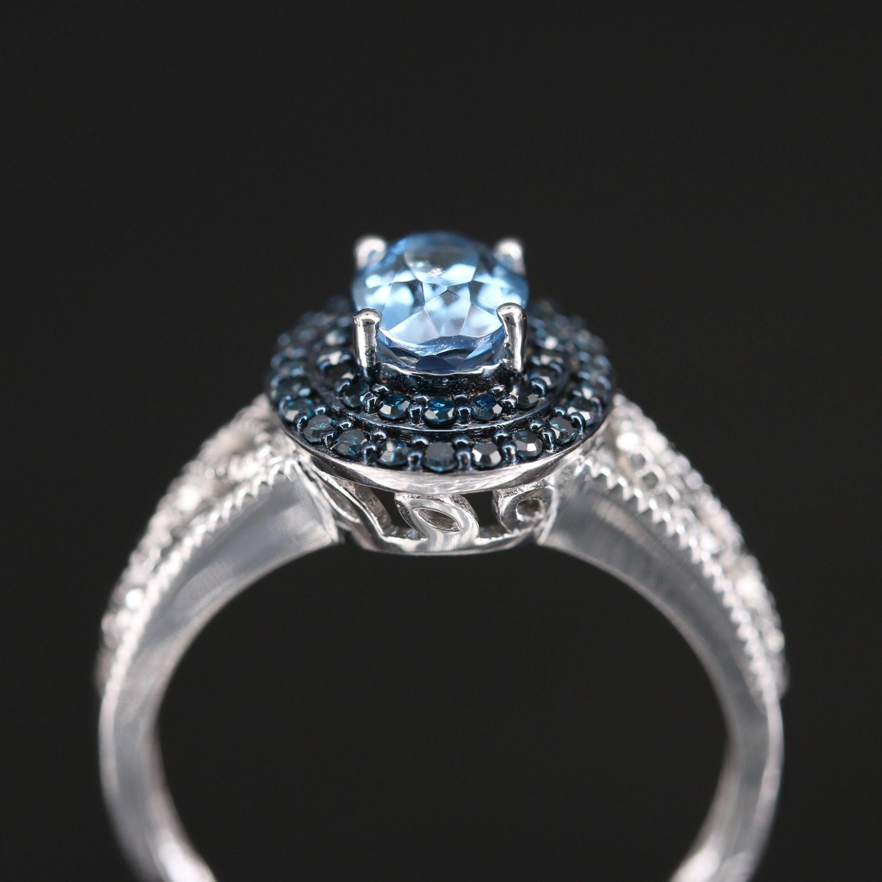 For Sale:  Natural Blue Aquamarine Diamond White Gold Engagement Ring Diamond Cocktail Ring 7