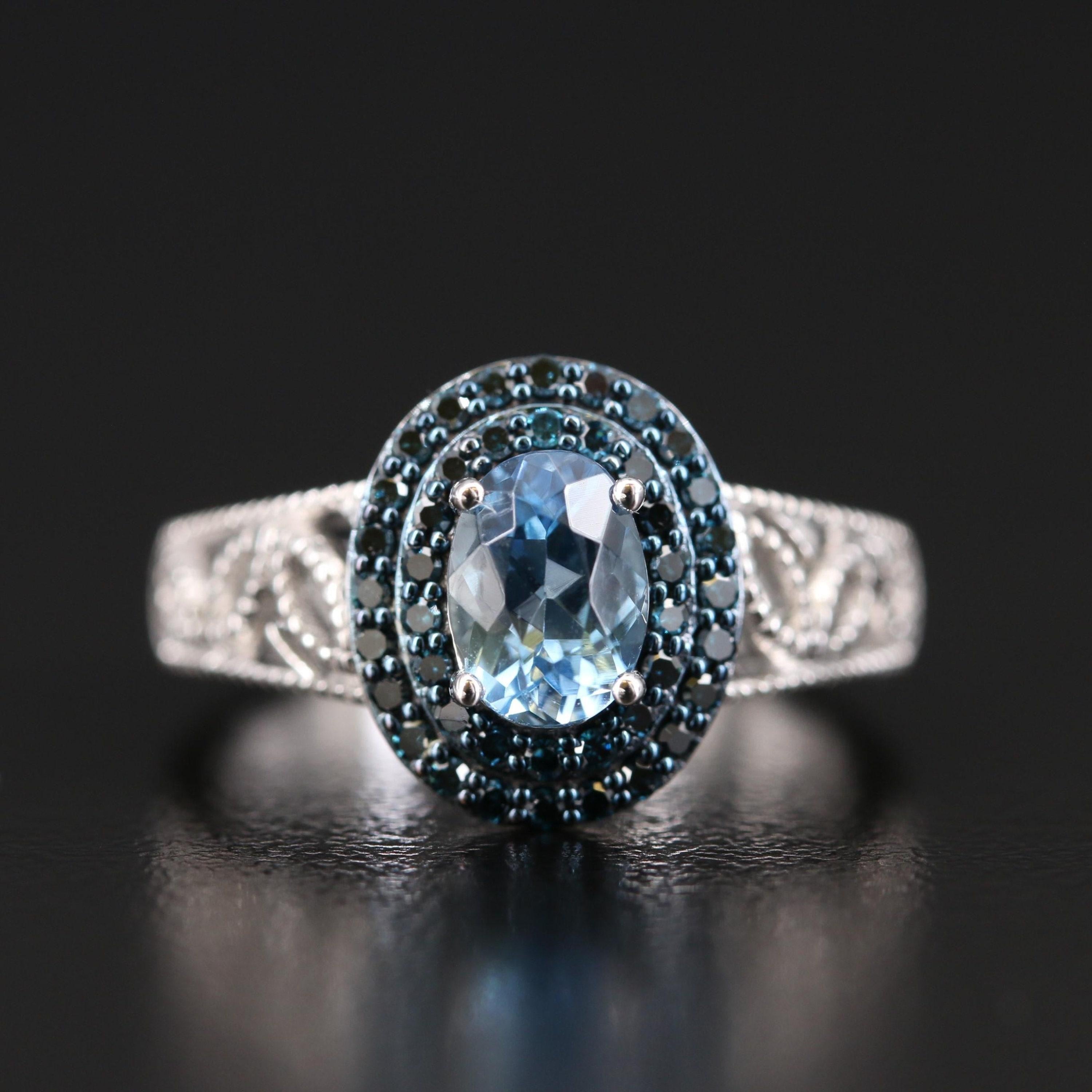 For Sale:  Natural Blue Aquamarine Diamond White Gold Engagement Ring Diamond Cocktail Ring 8