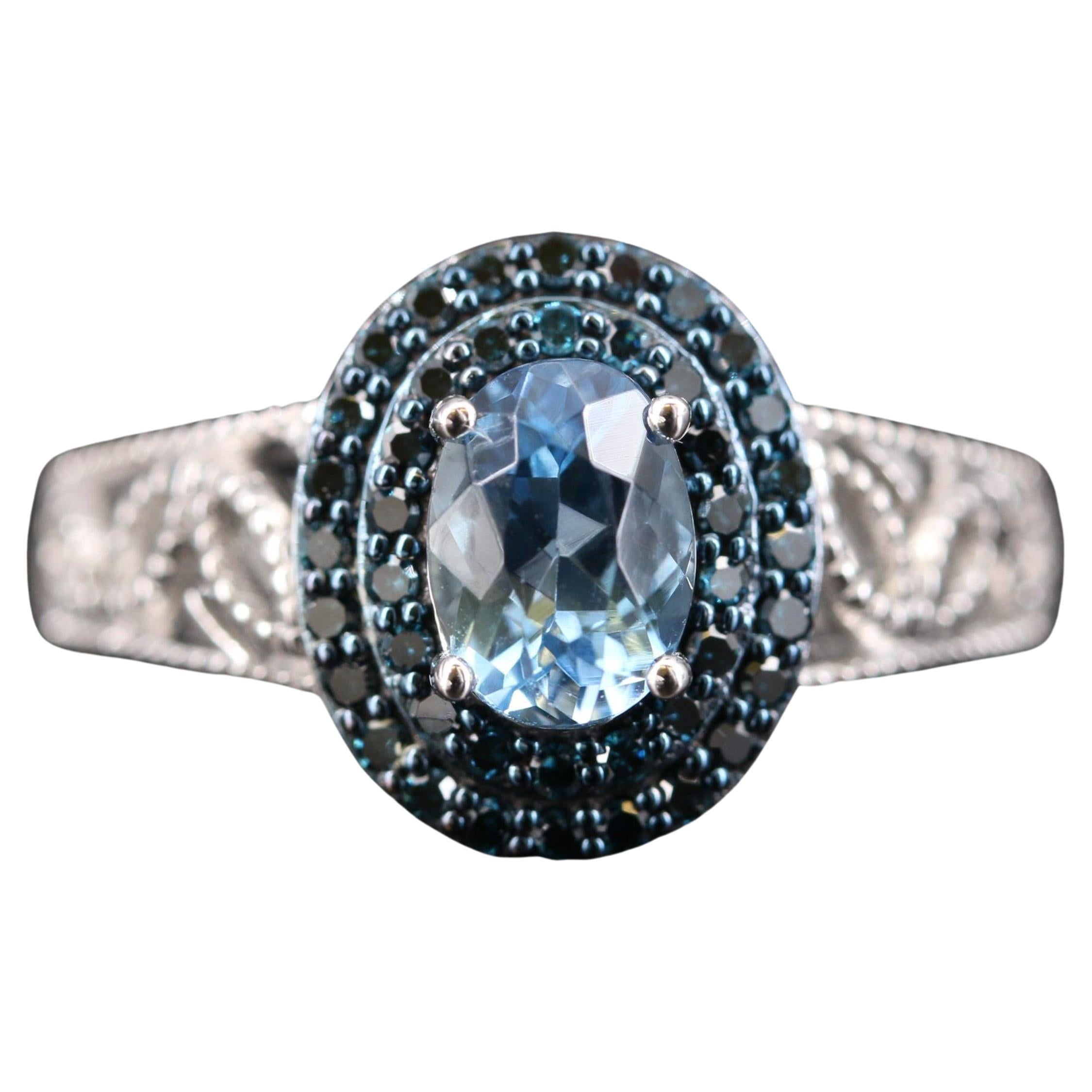 For Sale:  Natural Blue Aquamarine Diamond White Gold Engagement Ring Diamond Cocktail Ring