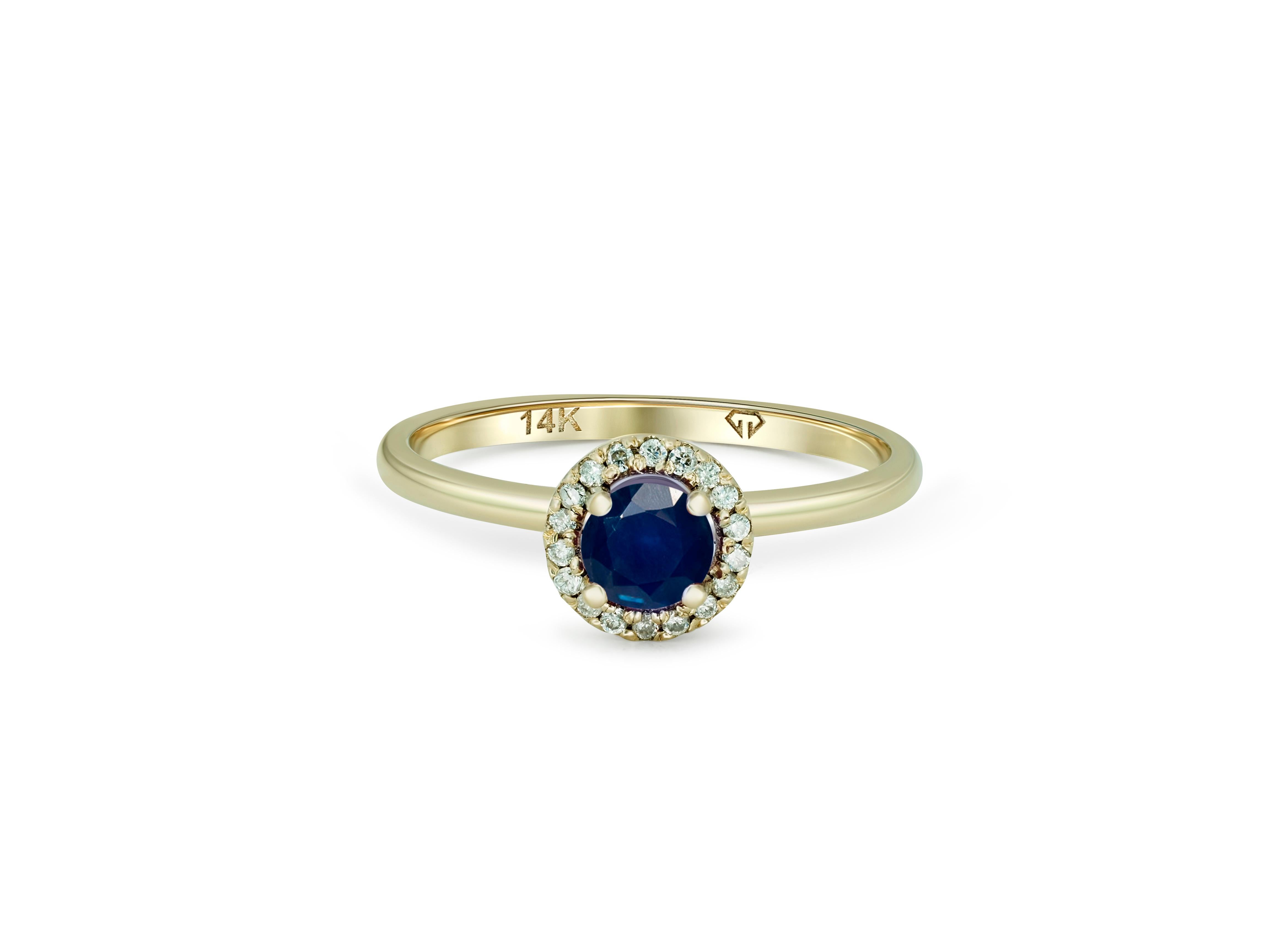 Halo Sapphire Ring with Diamonds in 14 Karat Gold. 
Sapphire gold ring. Sapphire engagement ring. Round sapphire ring.

Metal type: Gold
Metal stamp: 14k Gold
Weight: 2 gr - depends from size.

Central gemstone:
Sapphire: round shape,  blue, Si