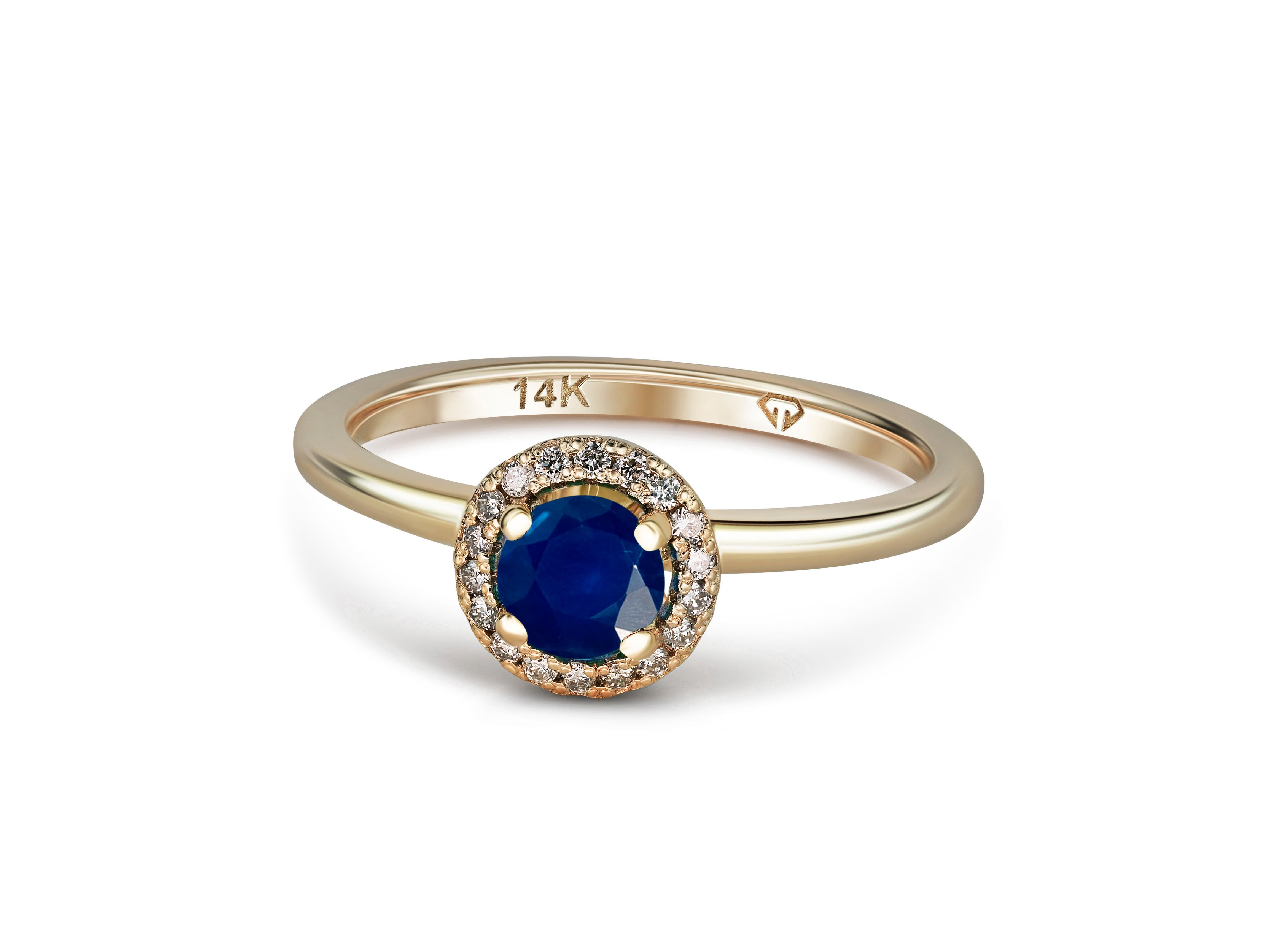 Halo Sapphire Ring with Diamonds in 14 Karat Gold.  For Sale 1