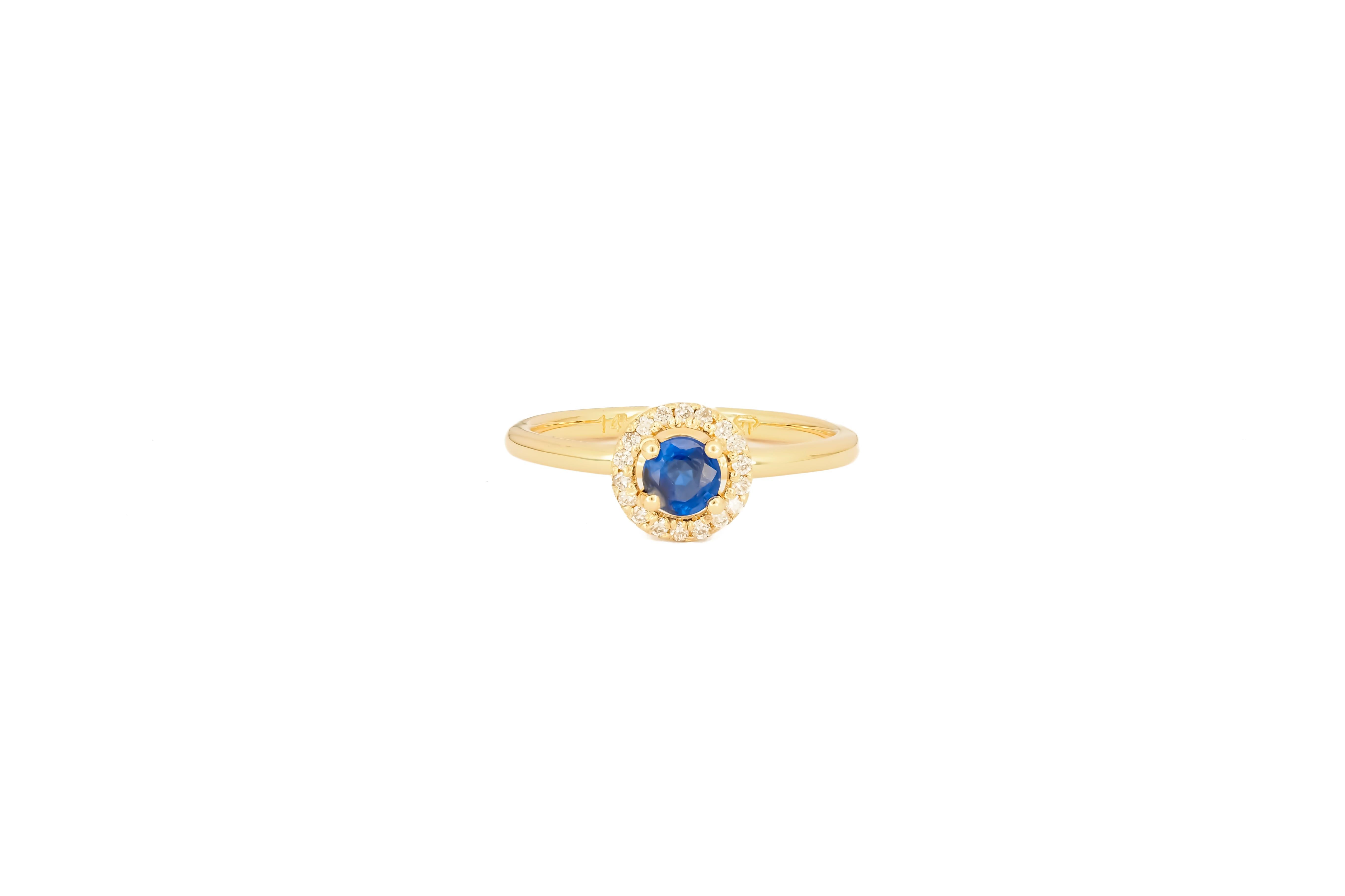 For Sale:  Halo Sapphire Ring with Diamonds in 14 Karat Gold, Sapphire Gold Ring 2