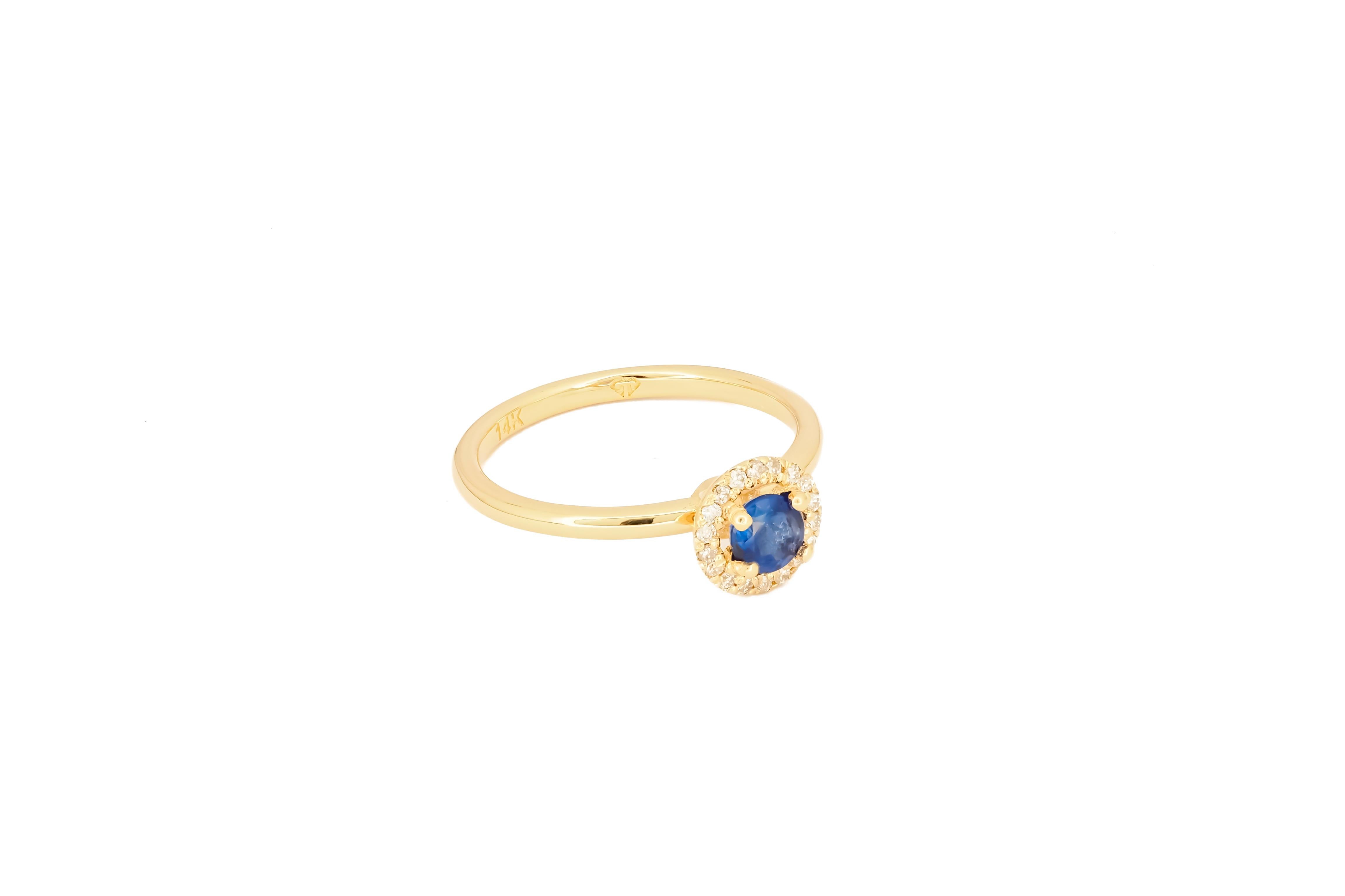 For Sale:  Halo Sapphire Ring with Diamonds in 14 Karat Gold, Sapphire Gold Ring 4
