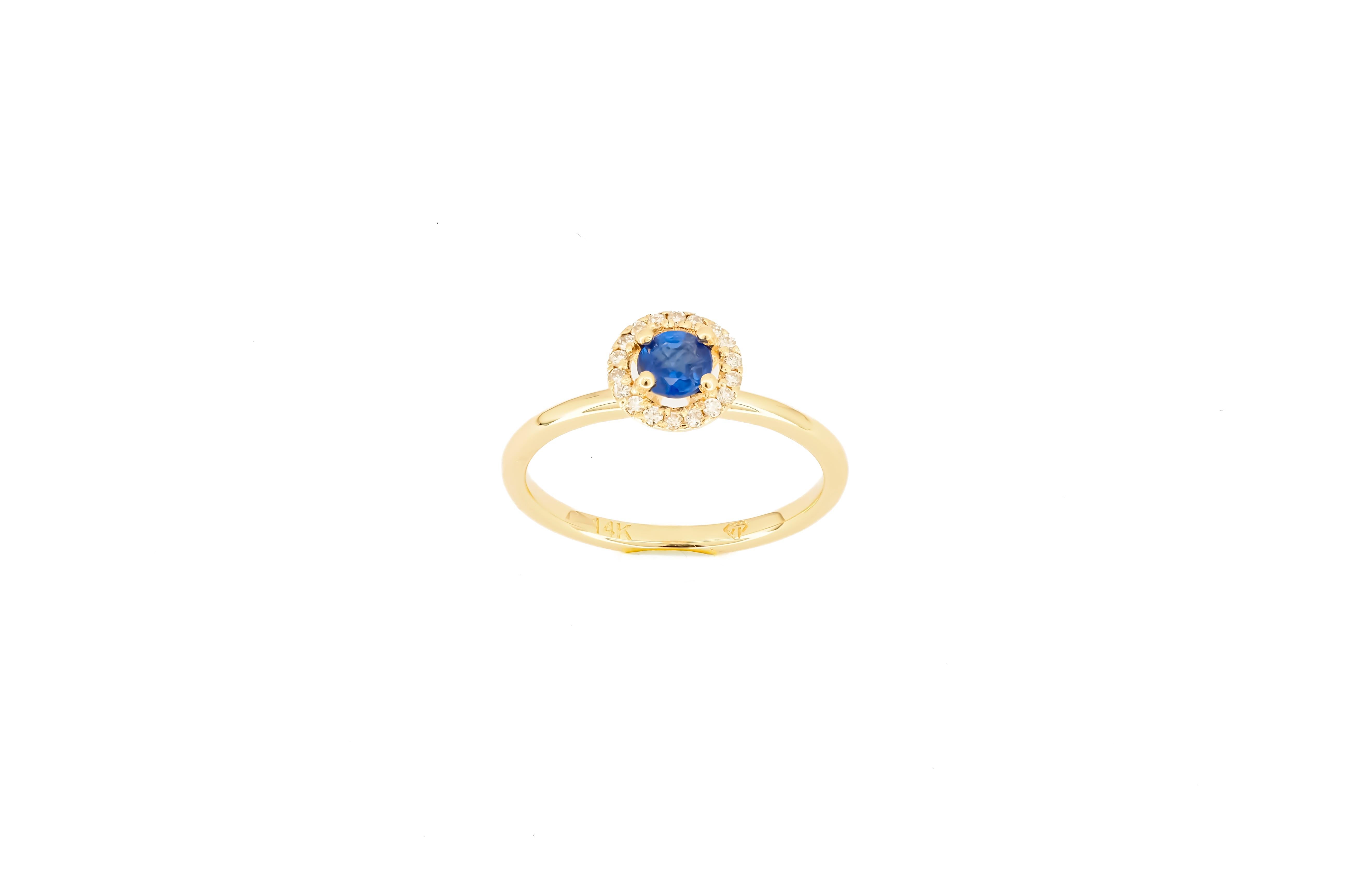 For Sale:  Halo Sapphire Ring with Diamonds in 14 Karat Gold, Sapphire Gold Ring 7