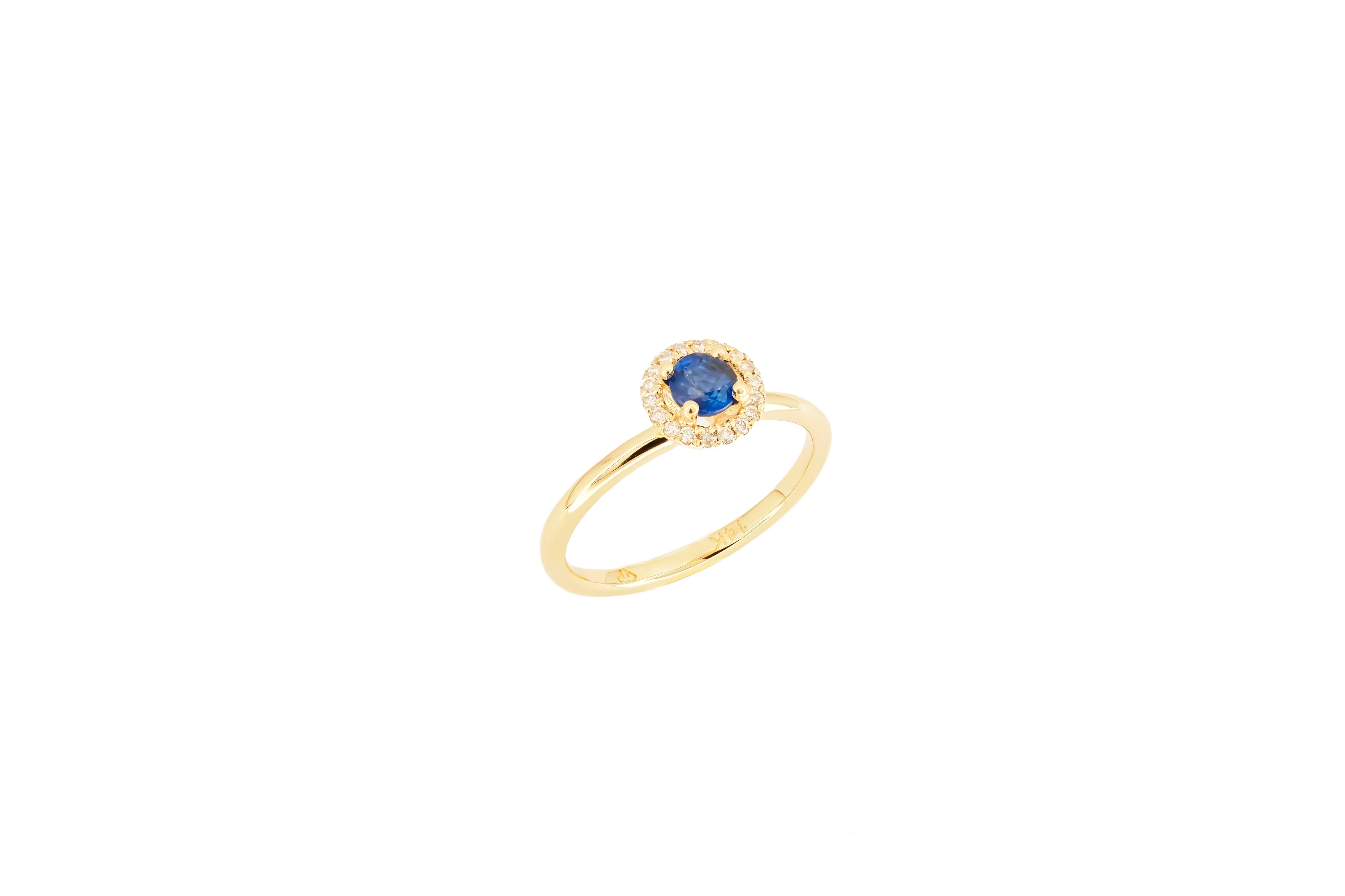 For Sale:  Halo Sapphire Ring with Diamonds in 14 Karat Gold, Sapphire Gold Ring 9