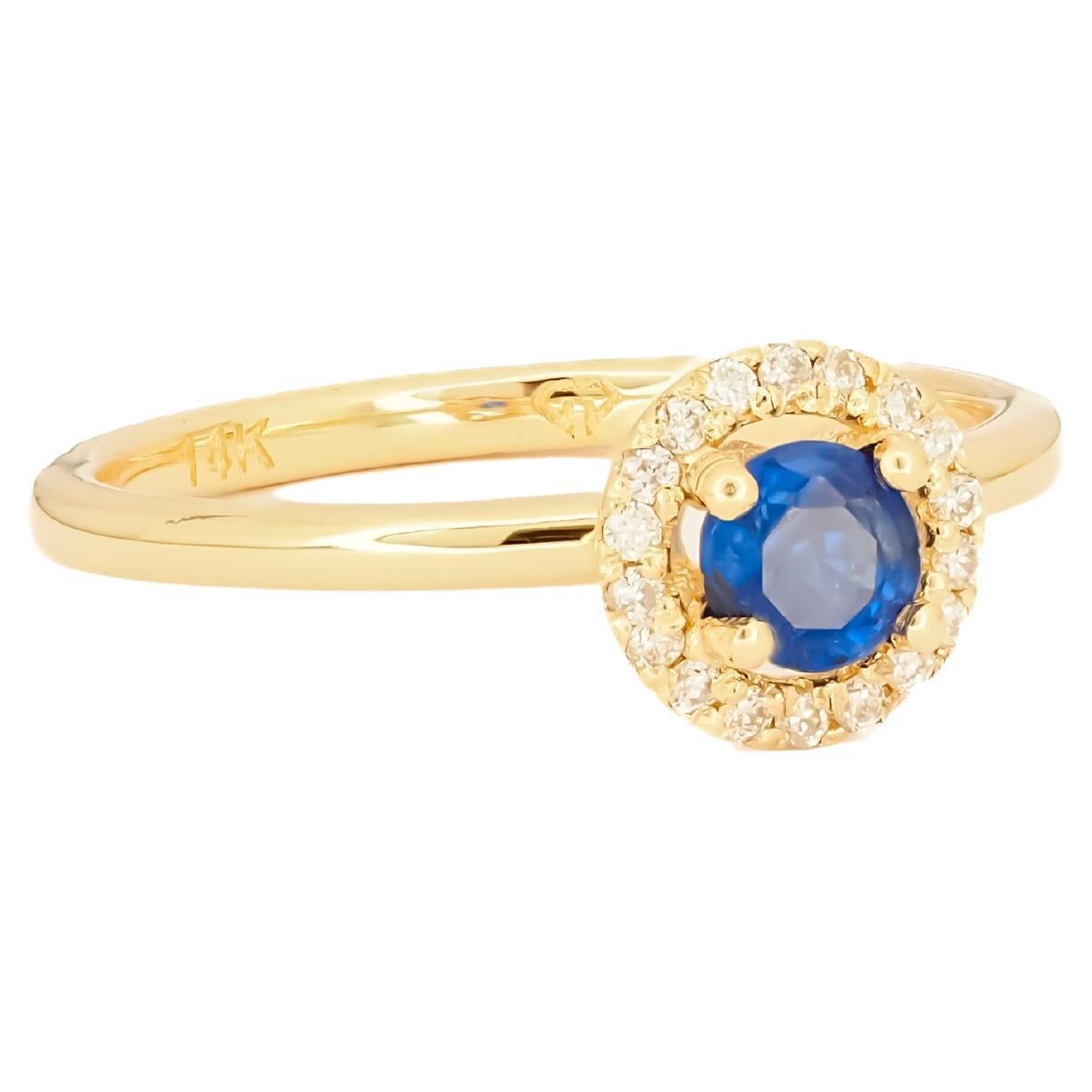 For Sale:  Halo Sapphire Ring with Diamonds in 14 Karat Gold, Sapphire Gold Ring