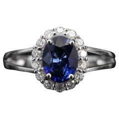 Halo Sapphire Wedding Ring, Vintage Natural Sapphire Engagement Ring