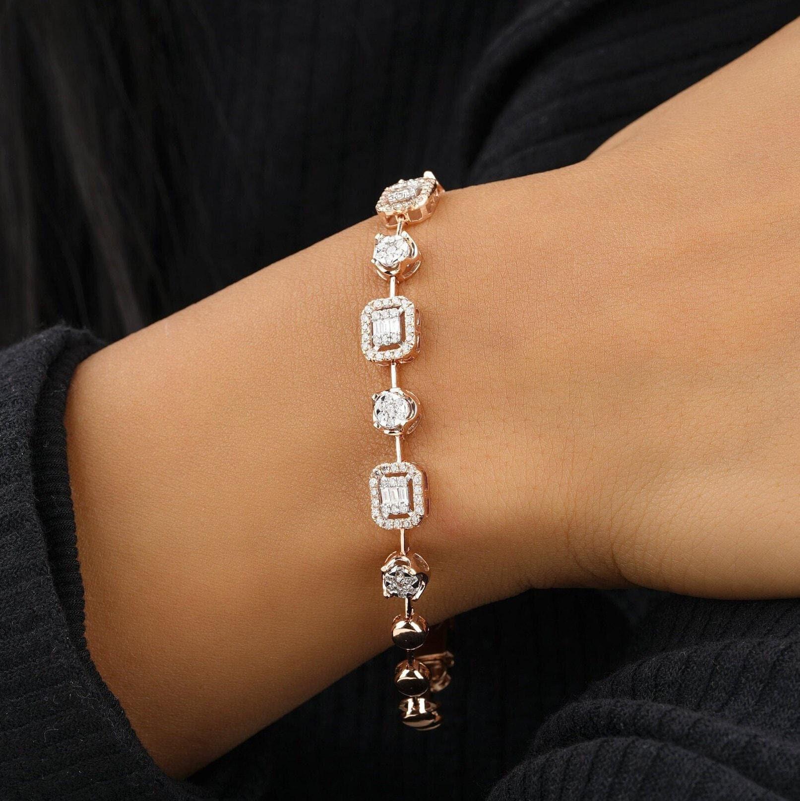 Halo Set Diamant-Tennisarmband aus 14K massivem Gold (zertifiziert) (Art déco) im Angebot
