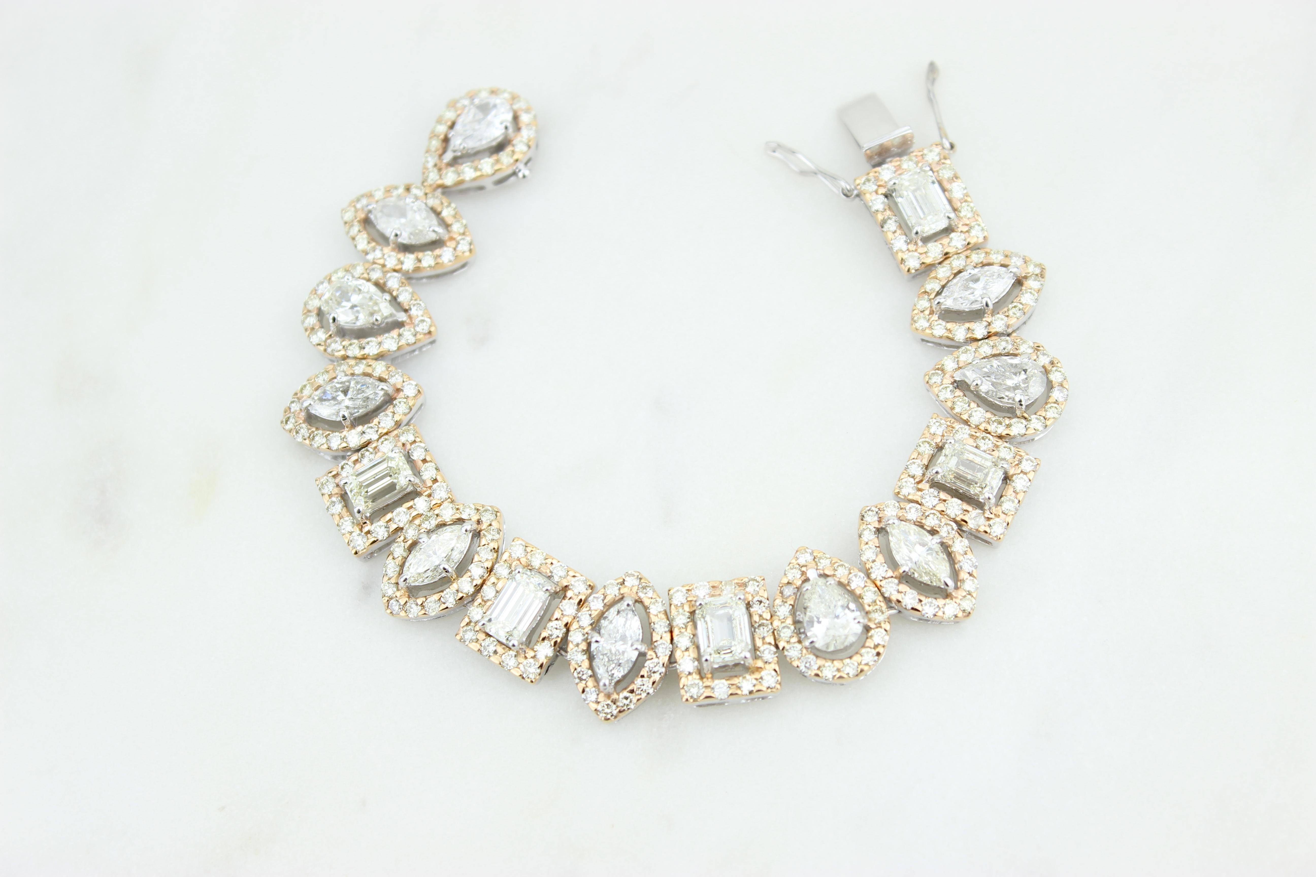 Features marquise, pear & emerald cut diamonds. Made with the highest quality natural diamonds on a 100% guaranteed 18k solid gold. 

THE STONES-
This bracelet consists of  pear, marquise & emerald cut diamonds shaped natural diamonds (average size