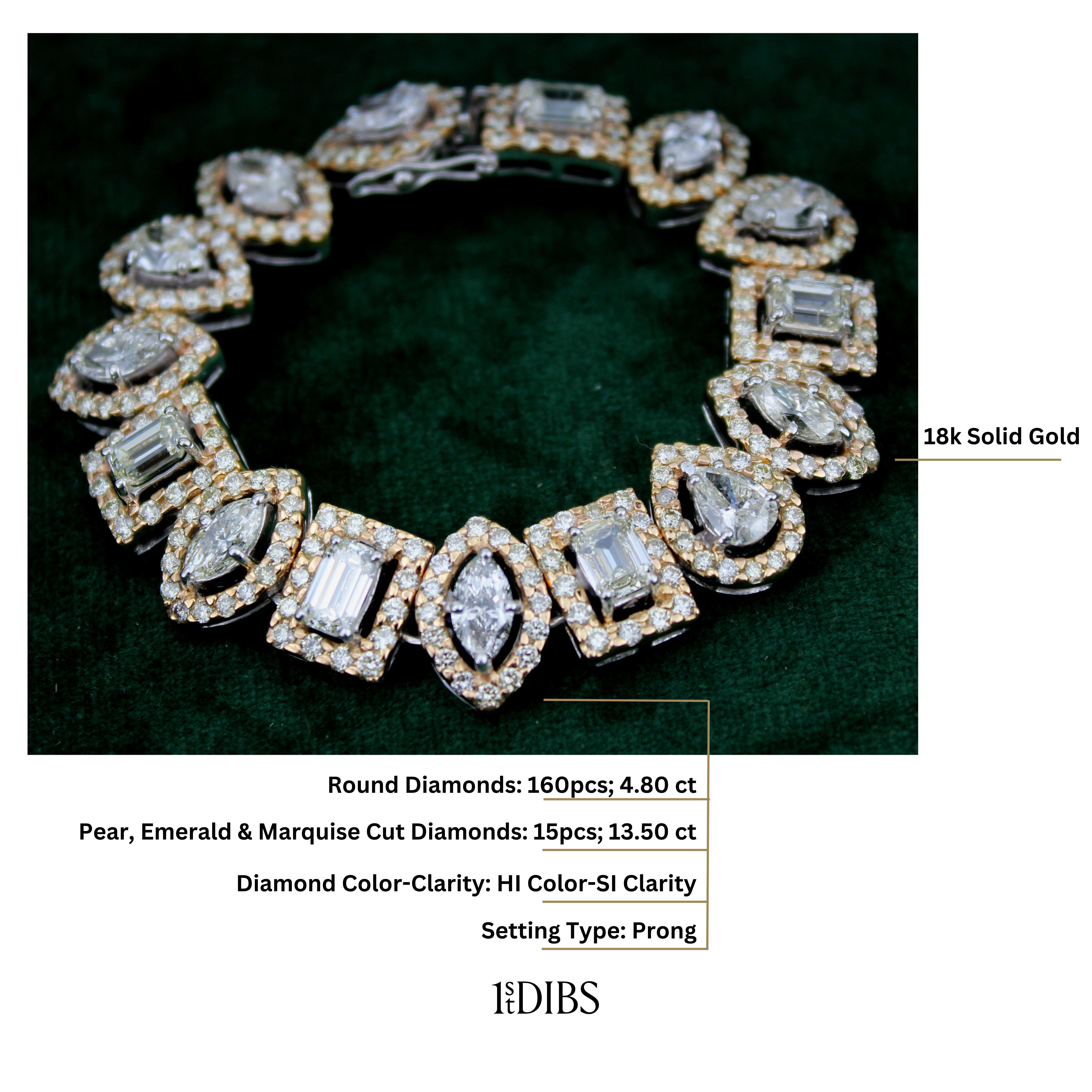 Halo Setting Multiple Shapes Diamond Bracelet in 18K Solid Gold In New Condition For Sale In New Delhi, DL