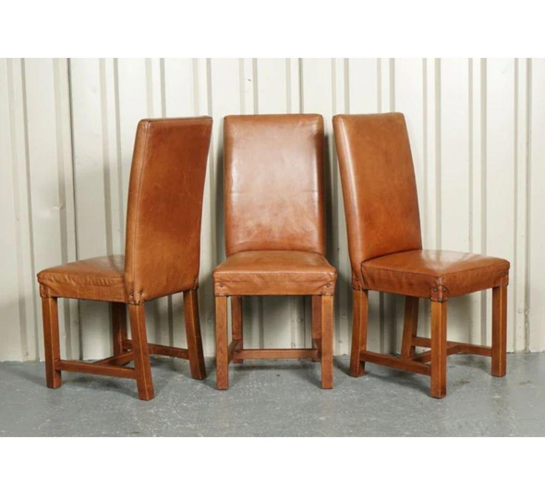 British Halo Soho of 6 Vintage Oak Brown Leather Dining Chairs For Sale
