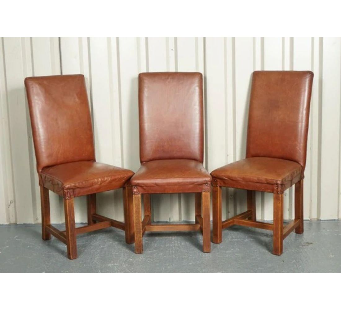 Hand-Crafted Halo Soho of 6 Vintage Oak Brown Leather Dining Chairs For Sale