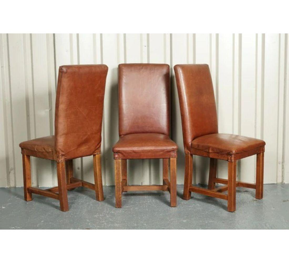 Halo Soho of 6 Vintage Oak Brown Leather Dining Chairs In Good Condition For Sale In Pulborough, GB