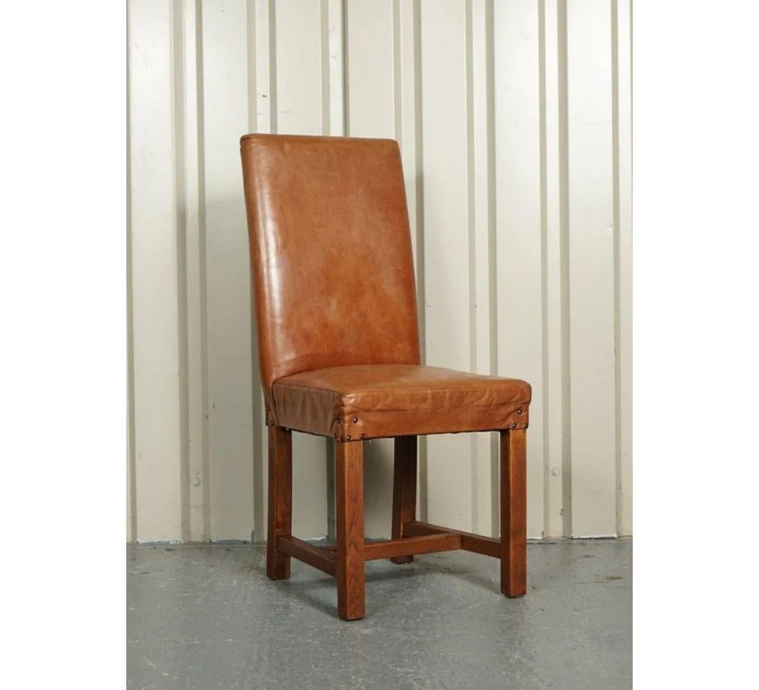 Halo Soho of 6 Vintage Oak Brown Leather Dining Chairs In Good Condition In Pulborough, GB