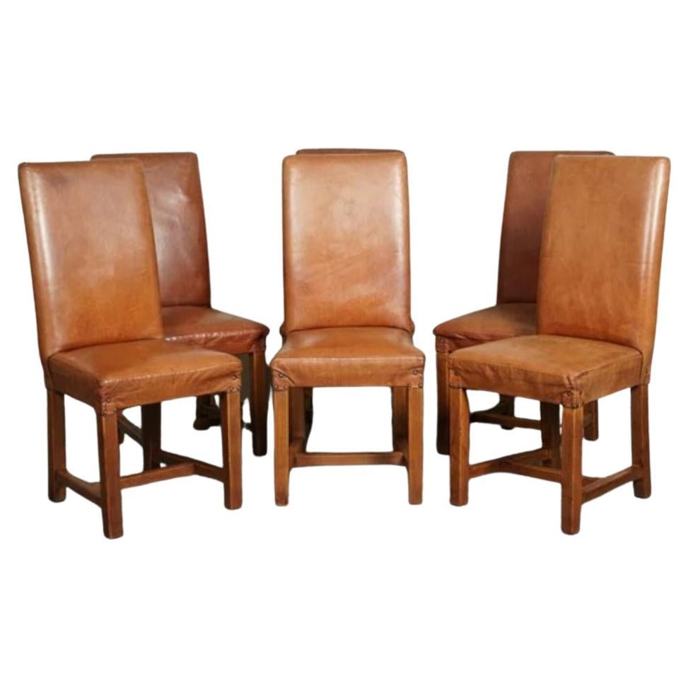 Halo Soho of 6 Vintage Oak Brown Leather Dining Chairs