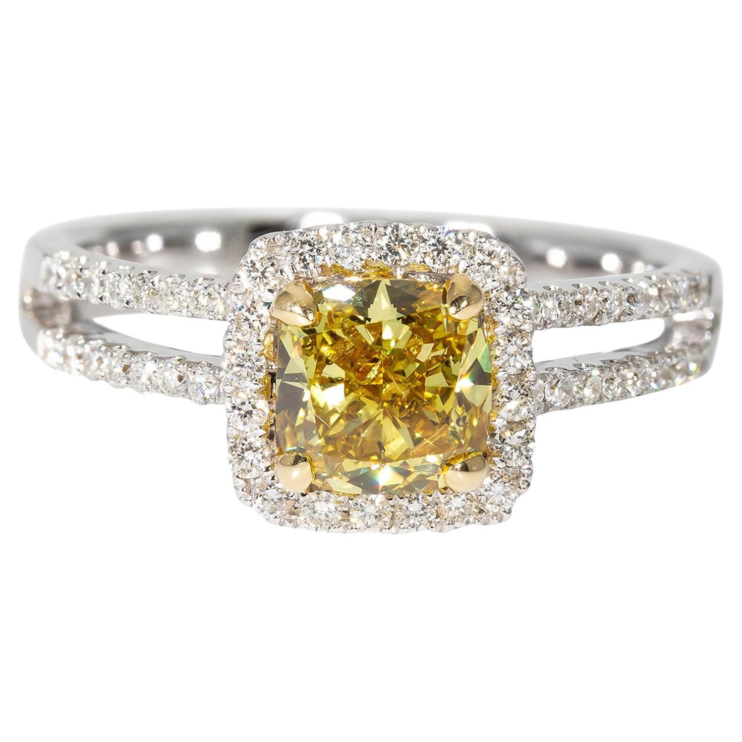 Halo Split Shank Ring with FDBGY/SI1 GIA Cushion Cut Diamond Center. D1.68ct.t.w