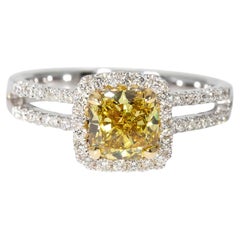 Halo Split Shank Ring with FDBGY/SI1 GIA Cushion Cut Diamond Center. D1.68ct.t.w