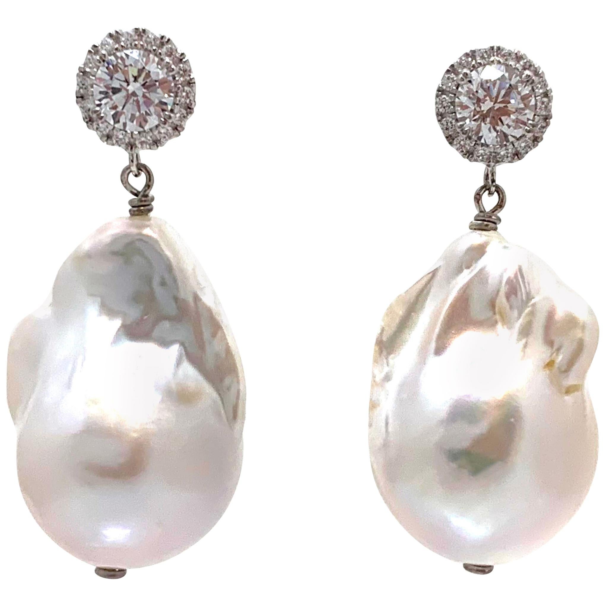 Halo stud and Large Lustrous 18mm Cultured Baroque Pearl Drop Earrings