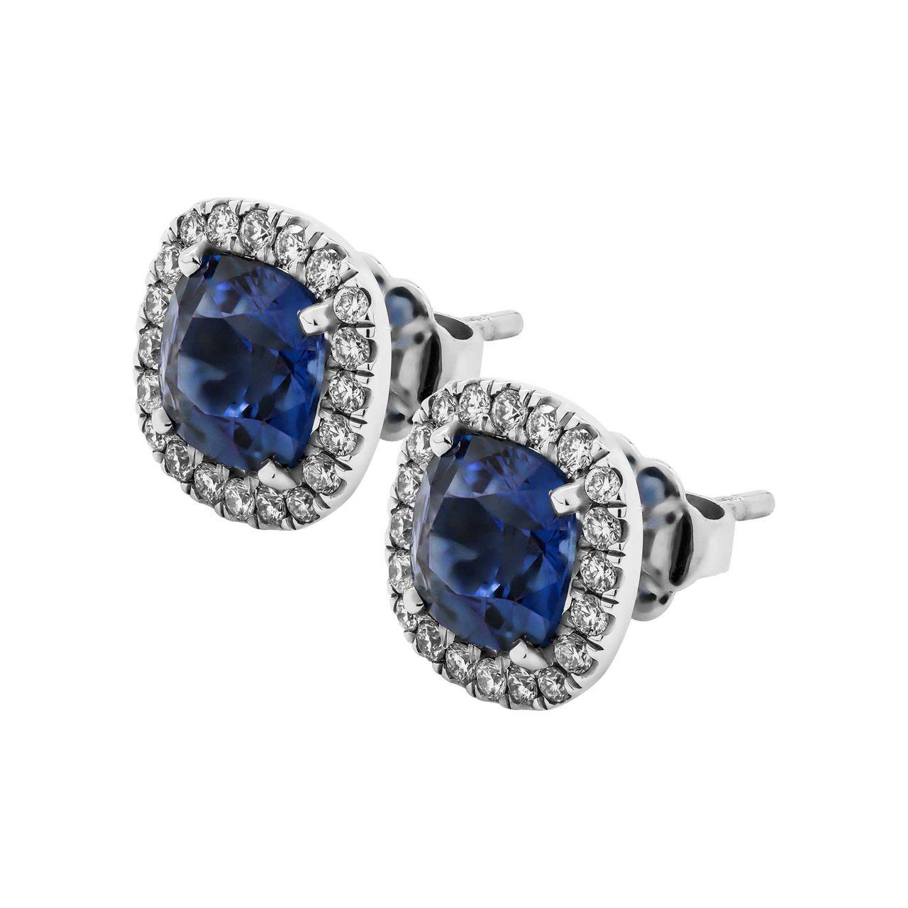 Modern Halo Studs Earrings with Blue Cushion Sapphire in Platinum For Sale