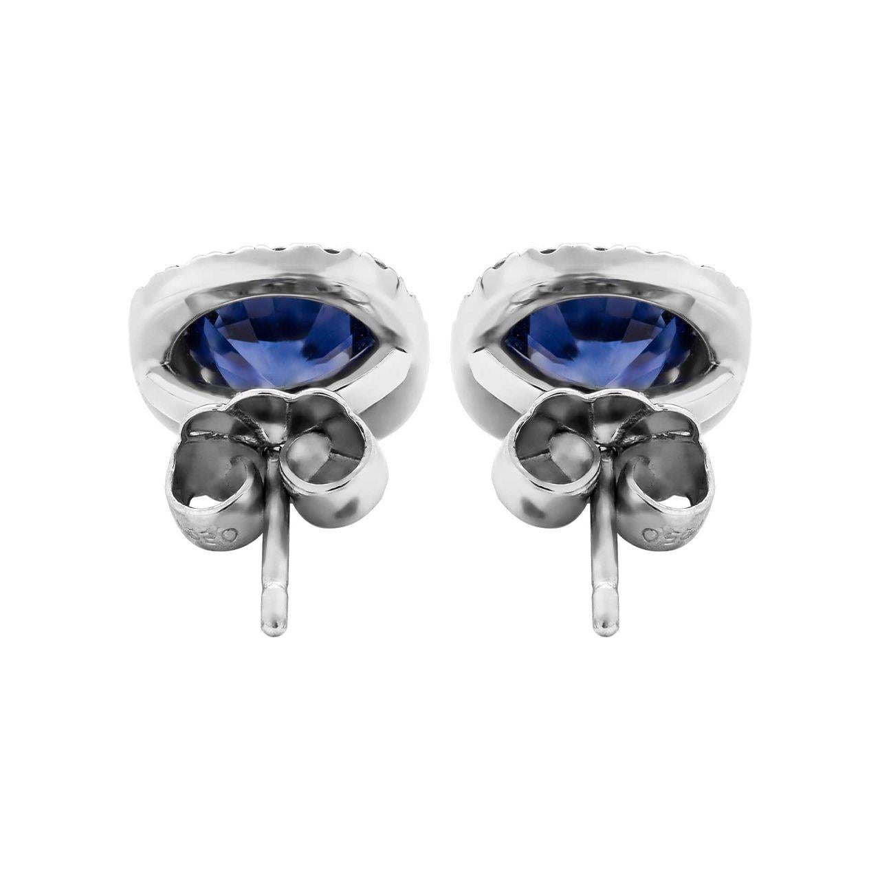 Cushion Cut Halo Studs Earrings with Blue Cushion Sapphire in Platinum For Sale