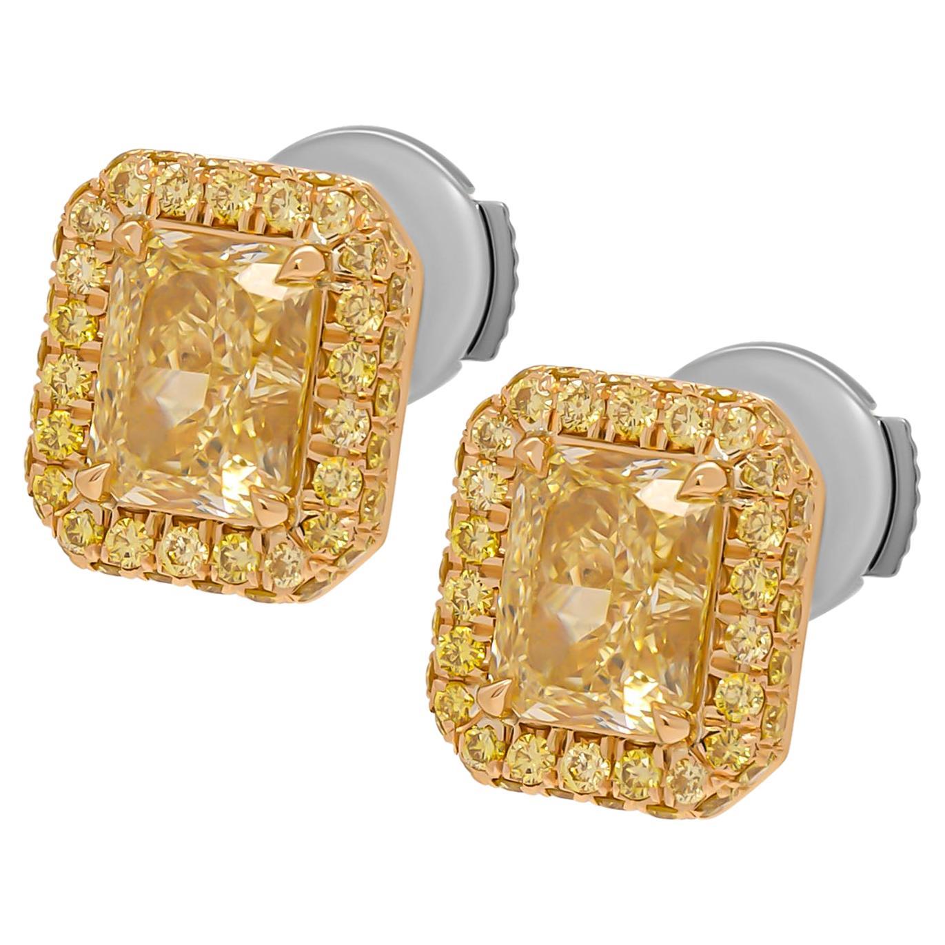 Halo Studs with 2.05 Carat GIA Certified Radiant Diamonds in 18k Yellow Gold For Sale