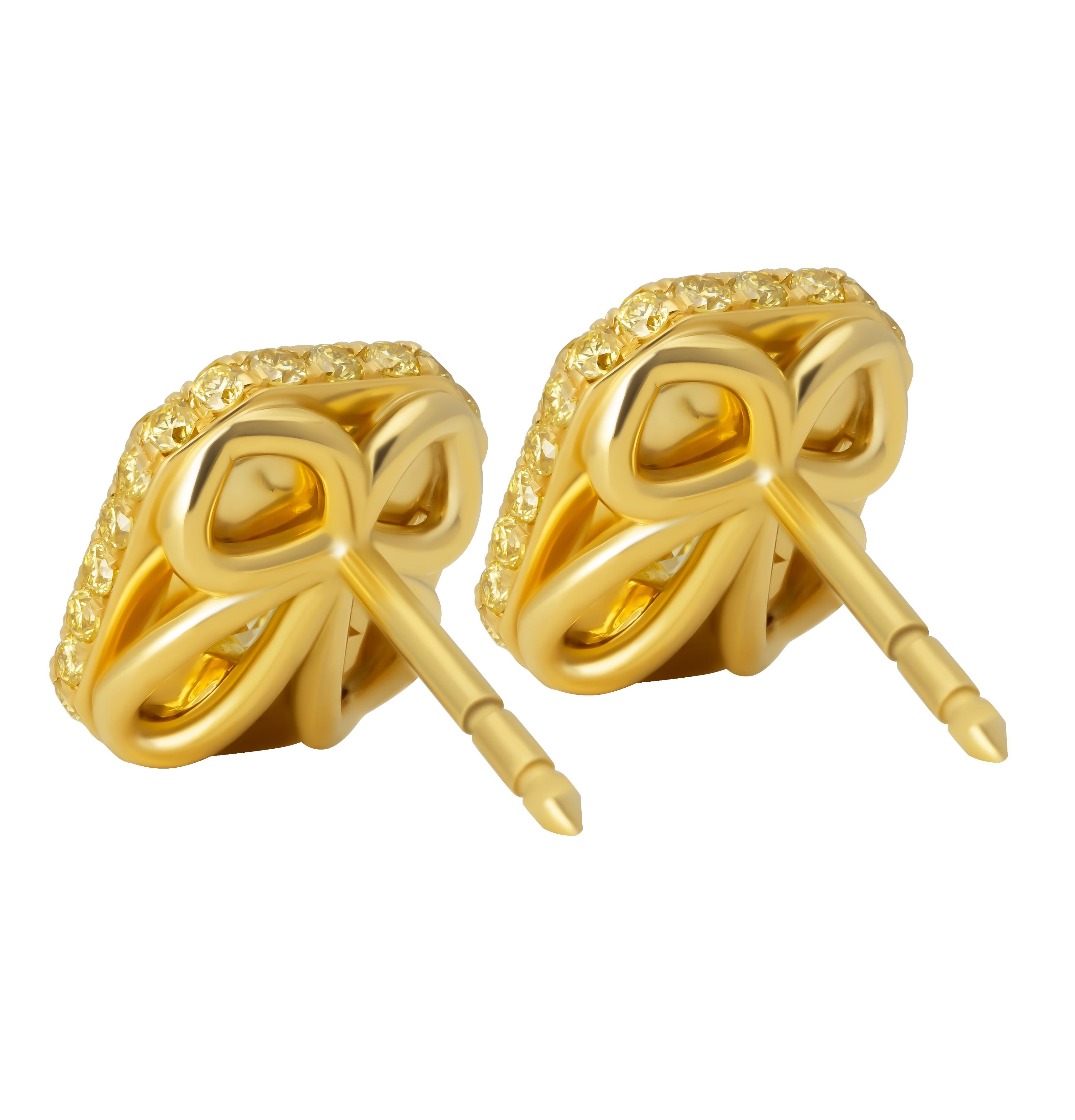 Radiant Cut Halo studs with Fancy Intense Yellow Diamonds For Sale