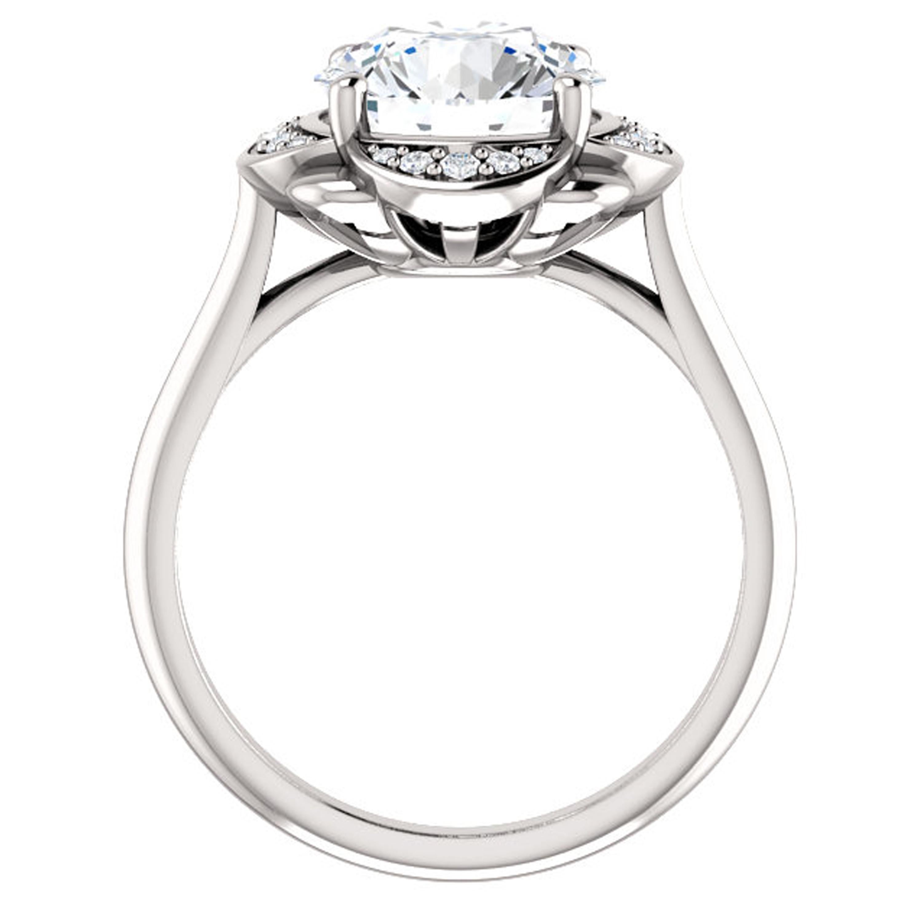 Amplifying the GIA certified center stone, shimmering white diamonds surround the scalloped halo of this engagement ring. Handcrafted in 14k white gold, this wedding ring has a breathtaking brilliance and luxury with a high polished finish.

Style