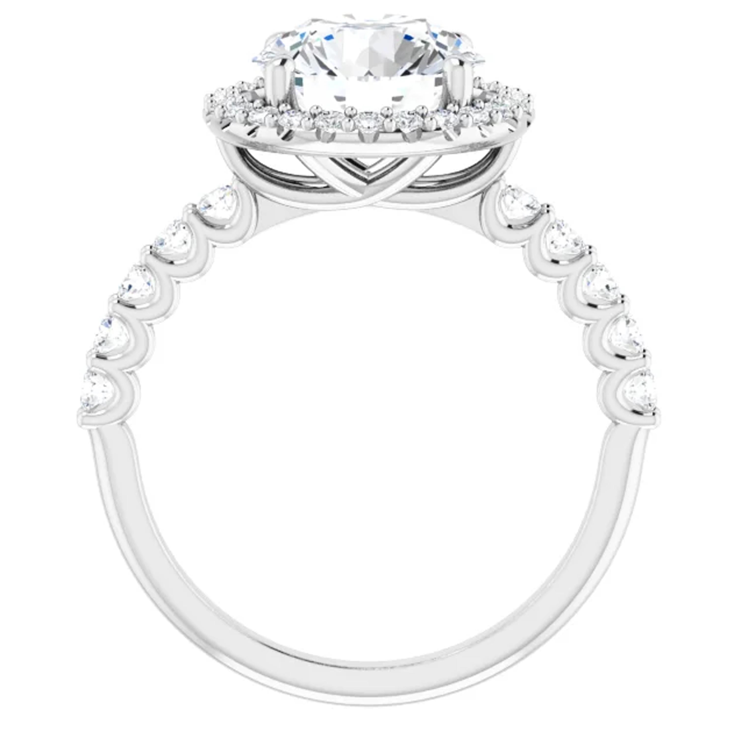 Shared prong white diamonds full of life adorn the shank of this Valorenna one of a kind engagement ring. Additional shimmering diamonds accentuate the halo and amplify the center stone's appearance. Valorenna's high-polish finish strikes unmatched