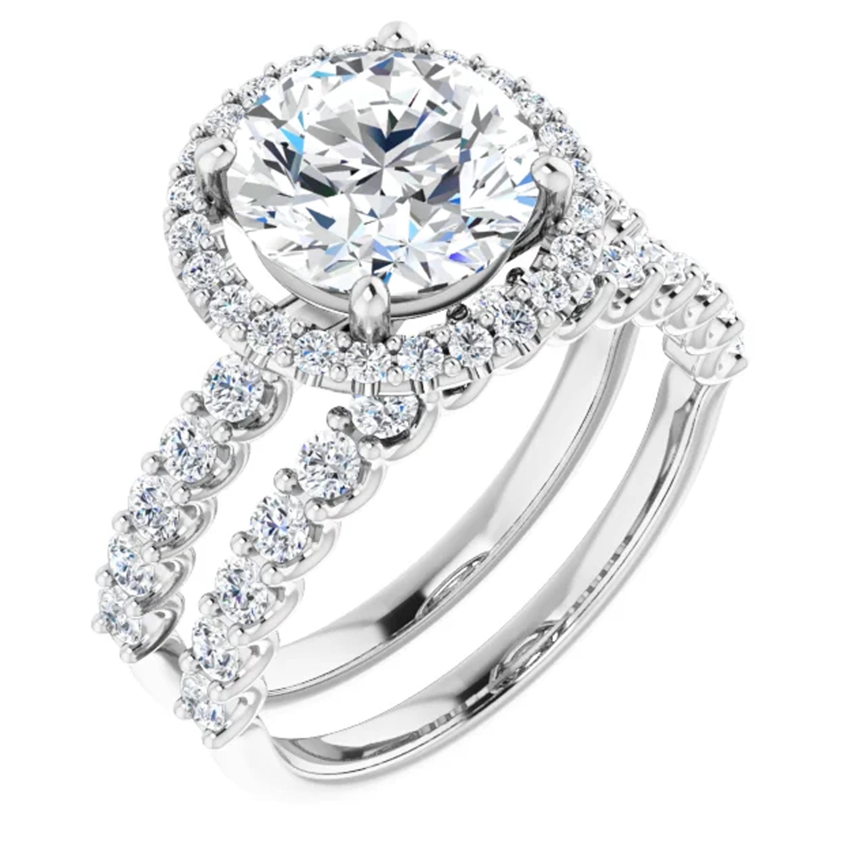 Contemporary Halo Style Diamond Accented Shared Prong Round GIA Certified Engagement Ring For Sale